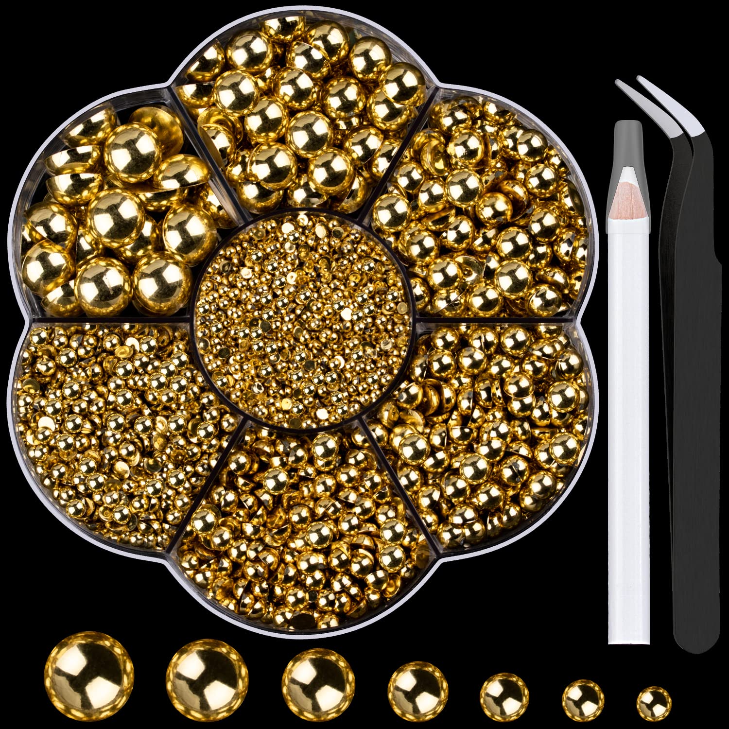 Nail Art Flat Back Half Round Pearl Kits 11, 1 Box of 5600 Pcs Flat-Back gold Pearl with Tweezer and Picker Pencil for Home DIY