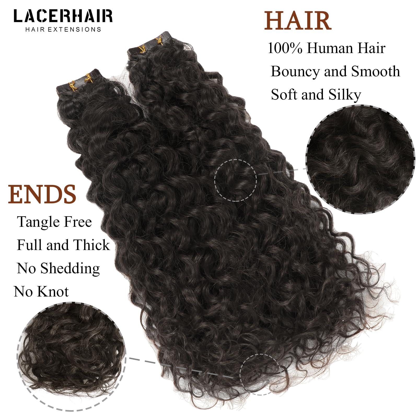Lacer Curly Tape In Hair Extensions Real Human Hair Extensions 14 Inch Natural Black 1B Color, Tape In Hair Extensions Human Hai