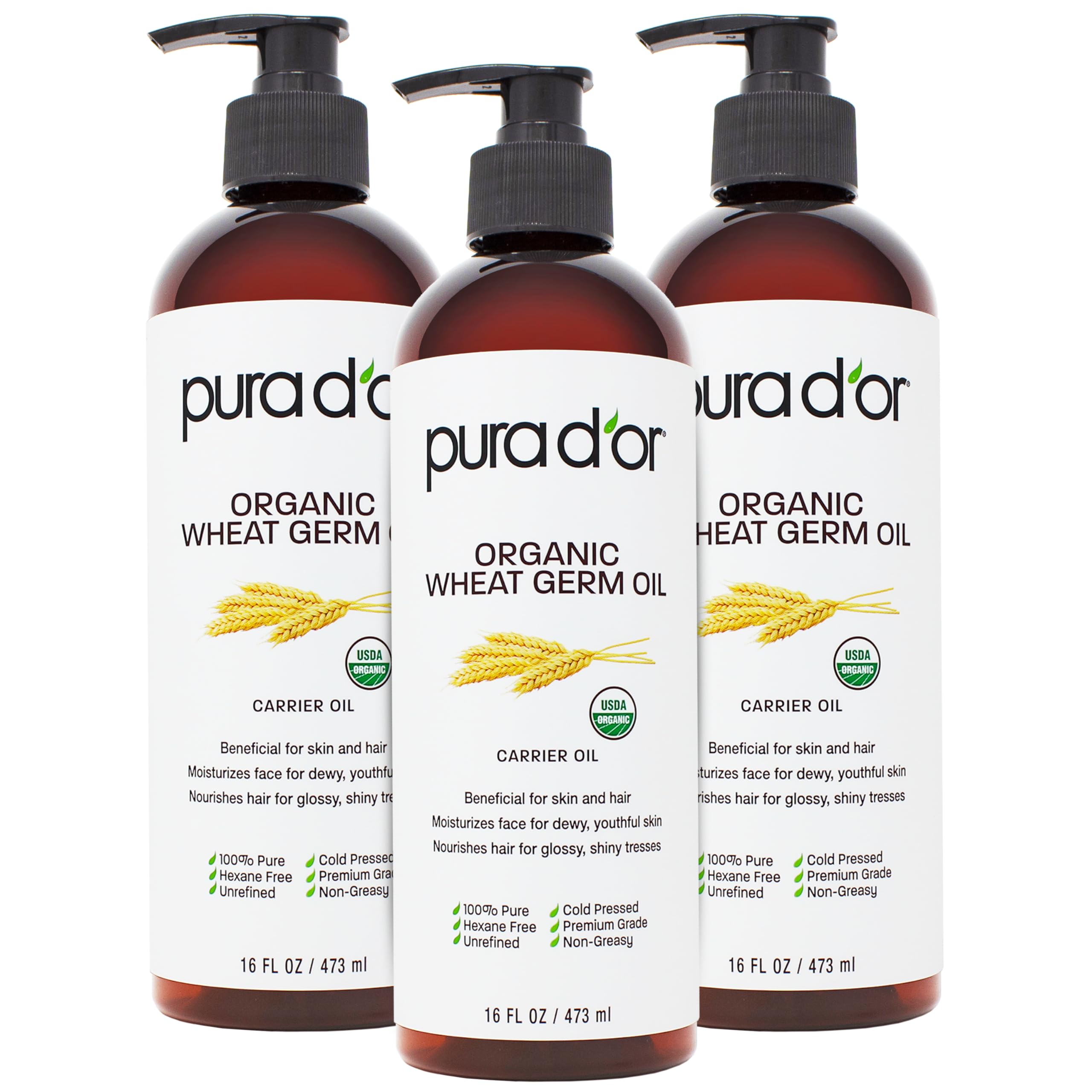 PURA D'OR ORGANIC Wheat Germ Oil (16 Oz x3 = 48 Oz) 100% Pure & Natural USDA Certified Cold Pressed Carrier Oil - Vitamin E Rich