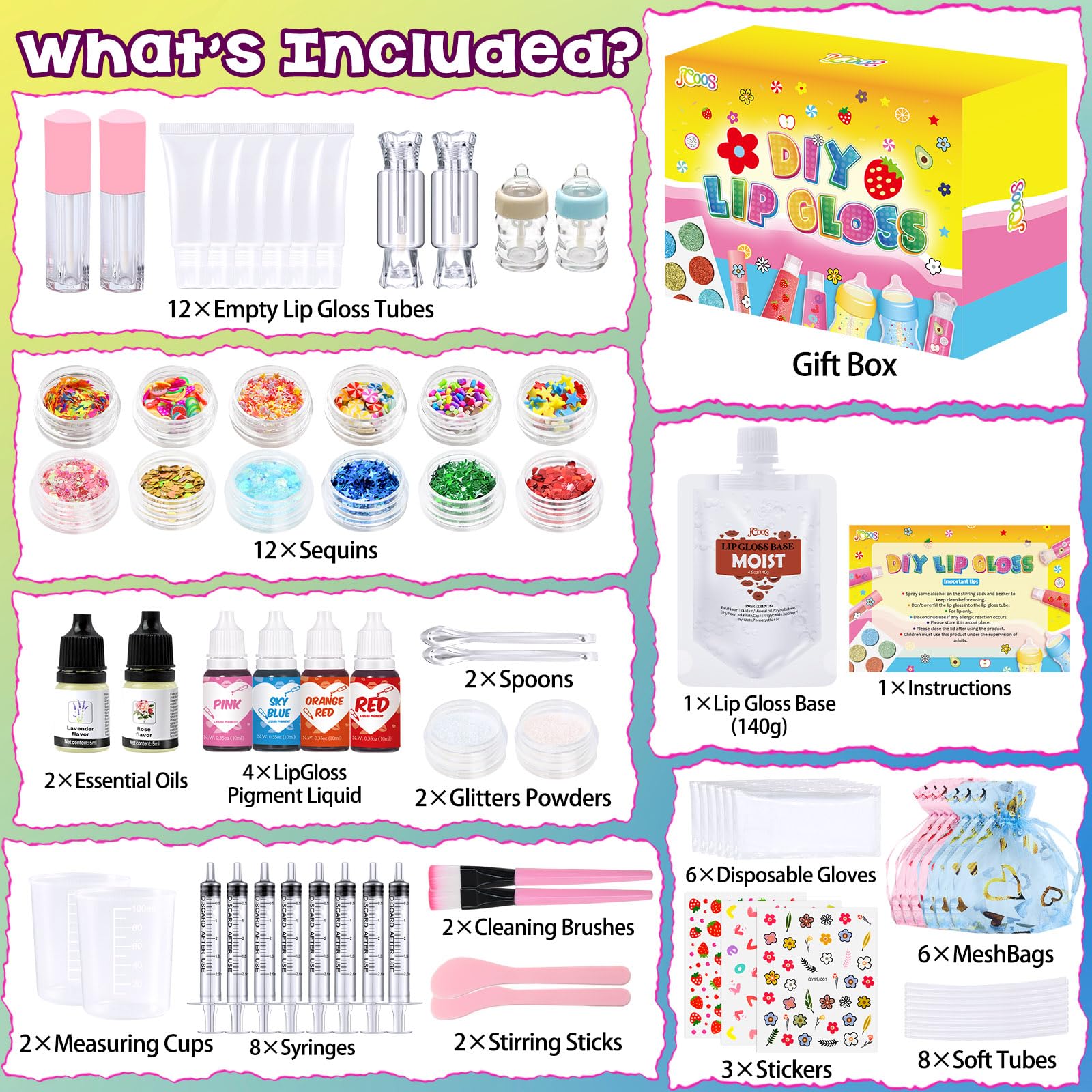 JCOOS Lip Gloss Making Kit, 73PCS Diy Lip Gloss Kit Fun Kids Lip Gloss Make Your Own Lip Gloss Kit Beginner Lip Gloss Set for Te