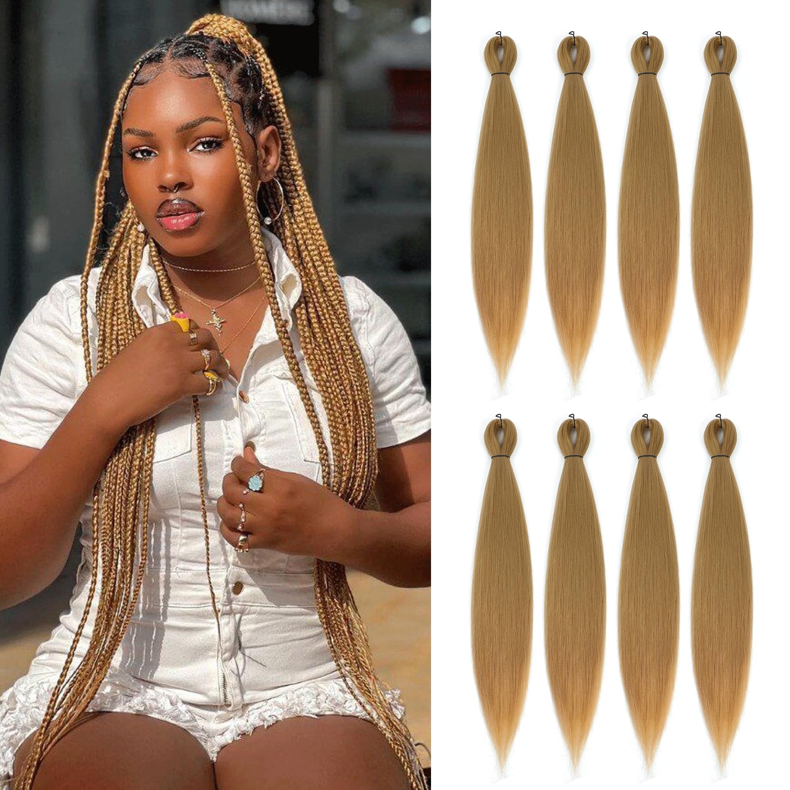 Rosdina Pre-Stretched Braiding Hair - 30 Inch 8 Packs Blonde Super Long Braiding Hair For Twist Or Box Braids, Yaki Texture Hot