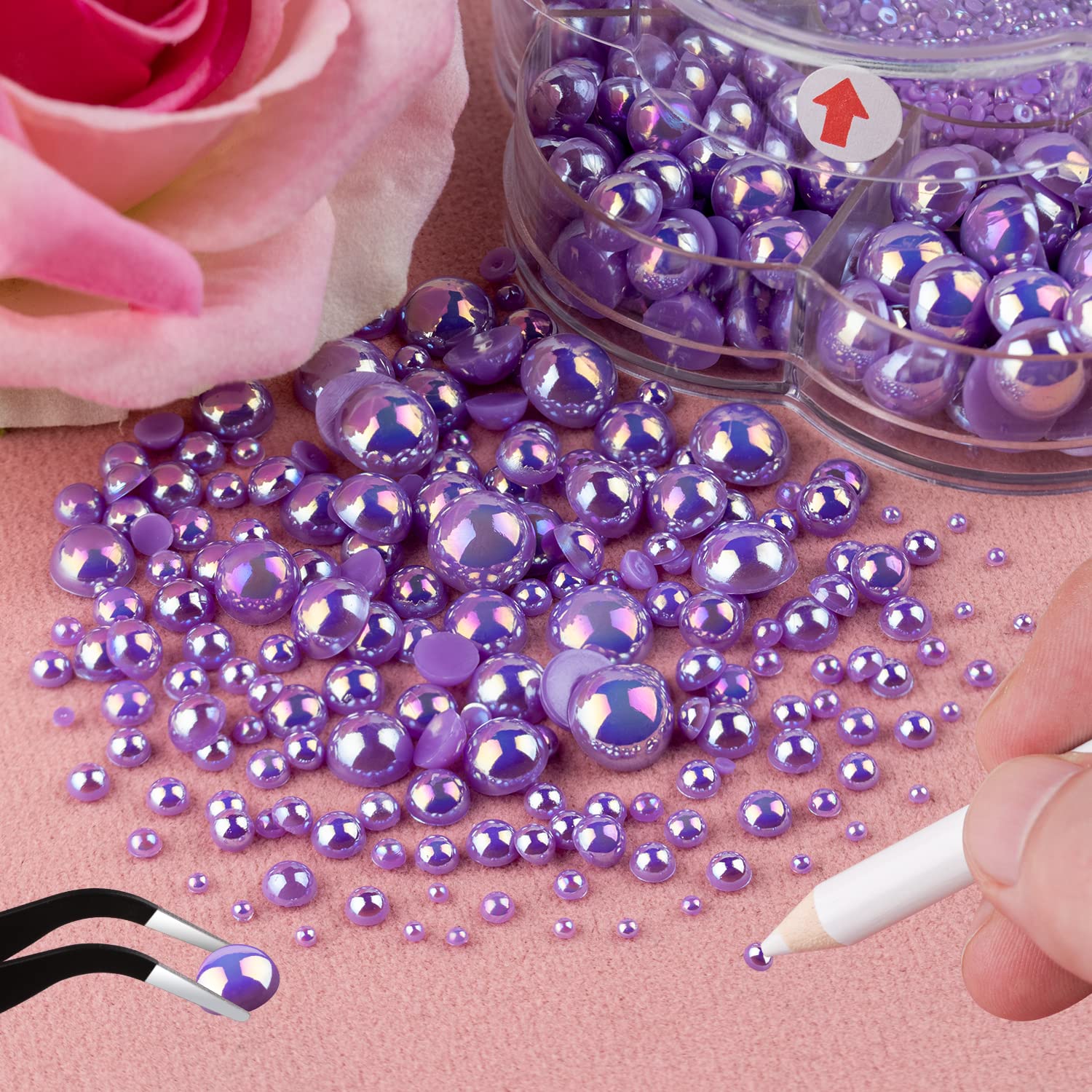 Nail Art Flat Back Half Round Pearl Kits 35, 1 Box Of 6000 Pcs Flat-Back Violet Ab With Tweezer And Picker Pencil For Home Diy N