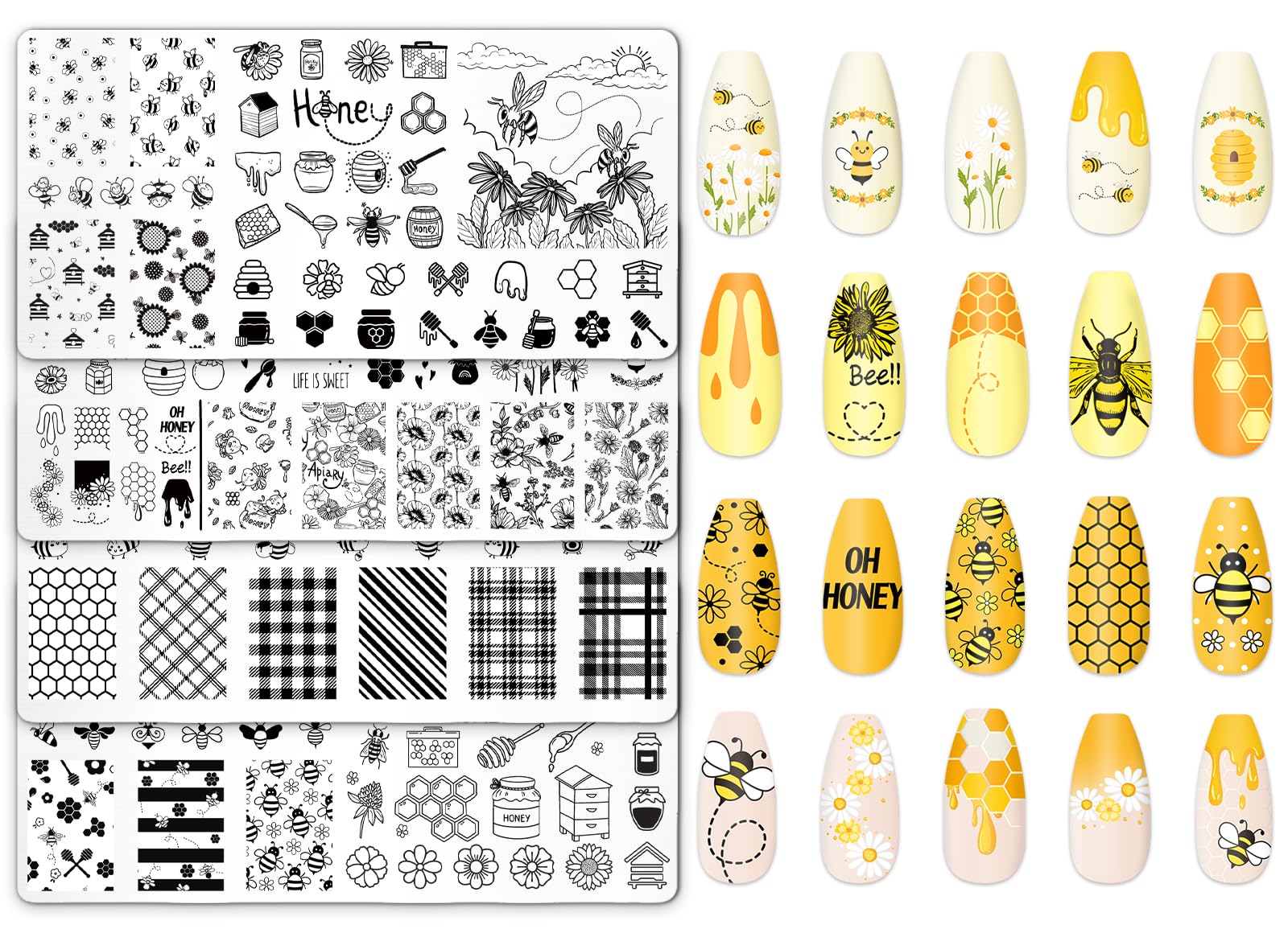 JarThenaAMCS 4Pcs Bee Nail Plates Stamping Set Honeycomb Floral Stamp Templates Nail Art Plates for Spring Summer DIY Print Mani