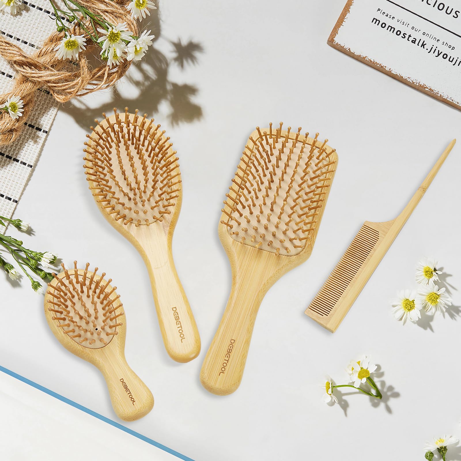Debetool Bamboo Hair Brush And Comb Set For Women Men And Kids,Natural Bamboo Wood Wide-Tooth Brush And Tail Comb - Paddle Detan