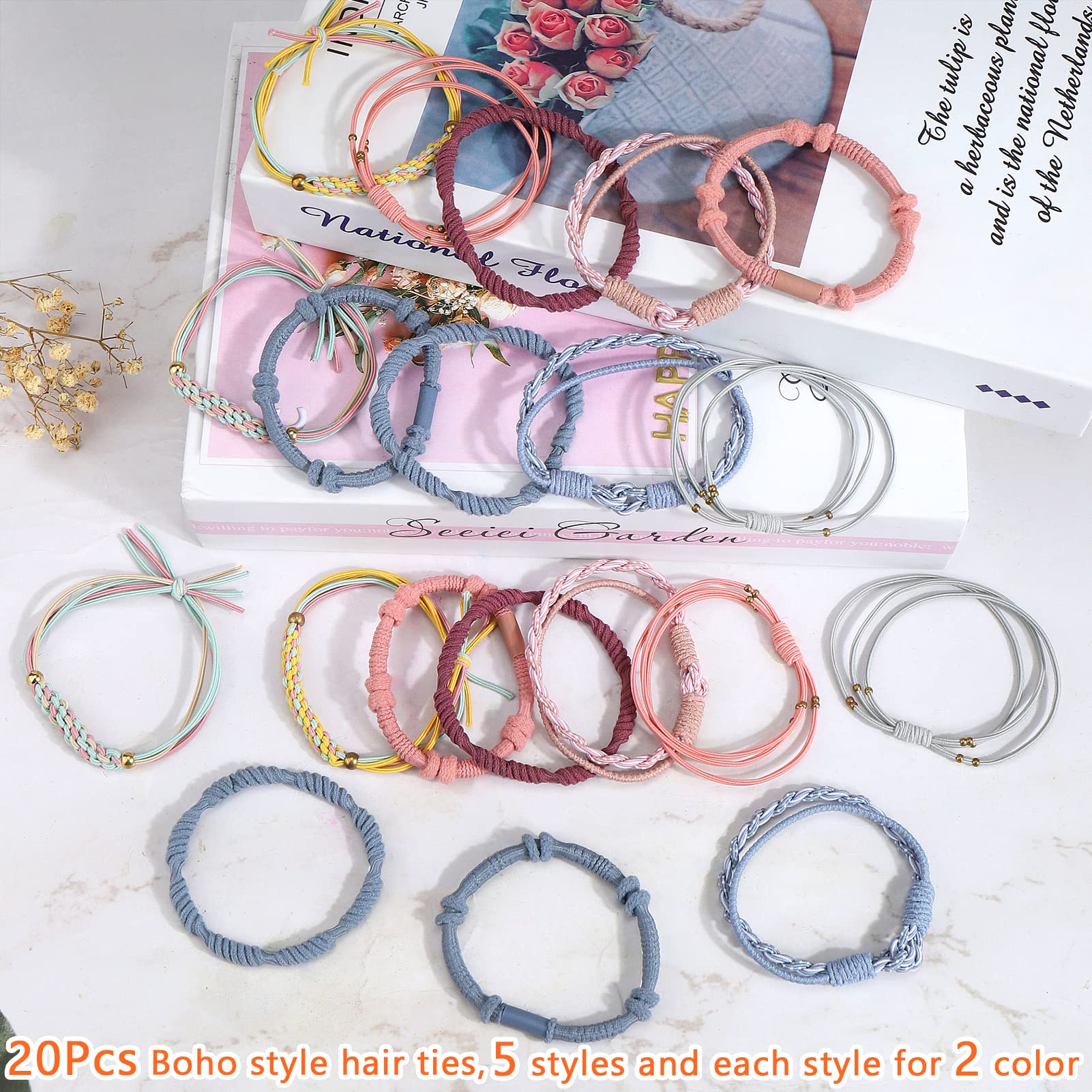 Bsresin Boho Hair Tie Bracelet For Women, 20 Pcs No Damage Hair Ties For Girls, 5 Styles Cute Hair Ties Bracelets For Thick Hair