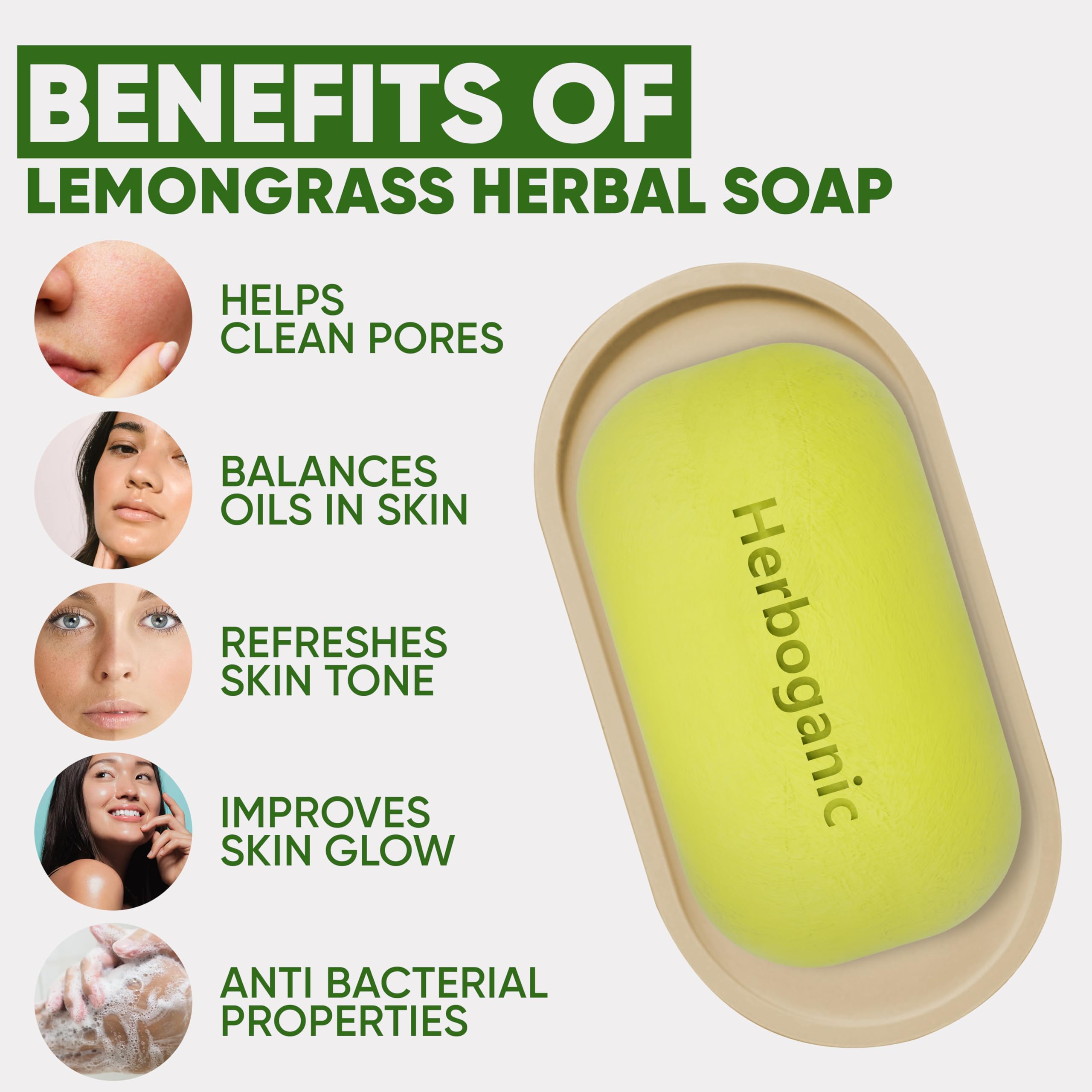 HERBOGANIC Lemongrass Herbal Soap | Pack of 3 of 5oz soap Bar | Natural Bar Soap for Face and Body | Hydrating and Nourishing |