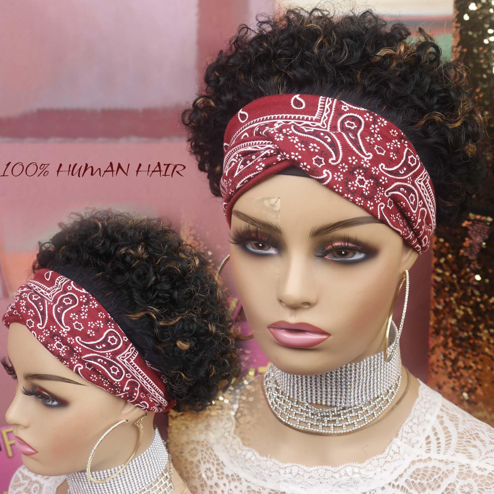 Vrz Headband Wig Human Hair Highlight Curly Short Wigs For Women Black With Brown Similar To #30 Kinky Curly Bob Glueless Human