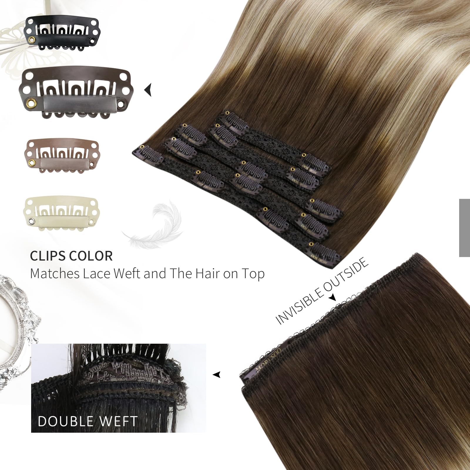 Moresoo Clip In Hair Extensions Real Human Hair Clip In Extensions Ombre Brown To Light Brown With Golden Blonde Balayage Hair E