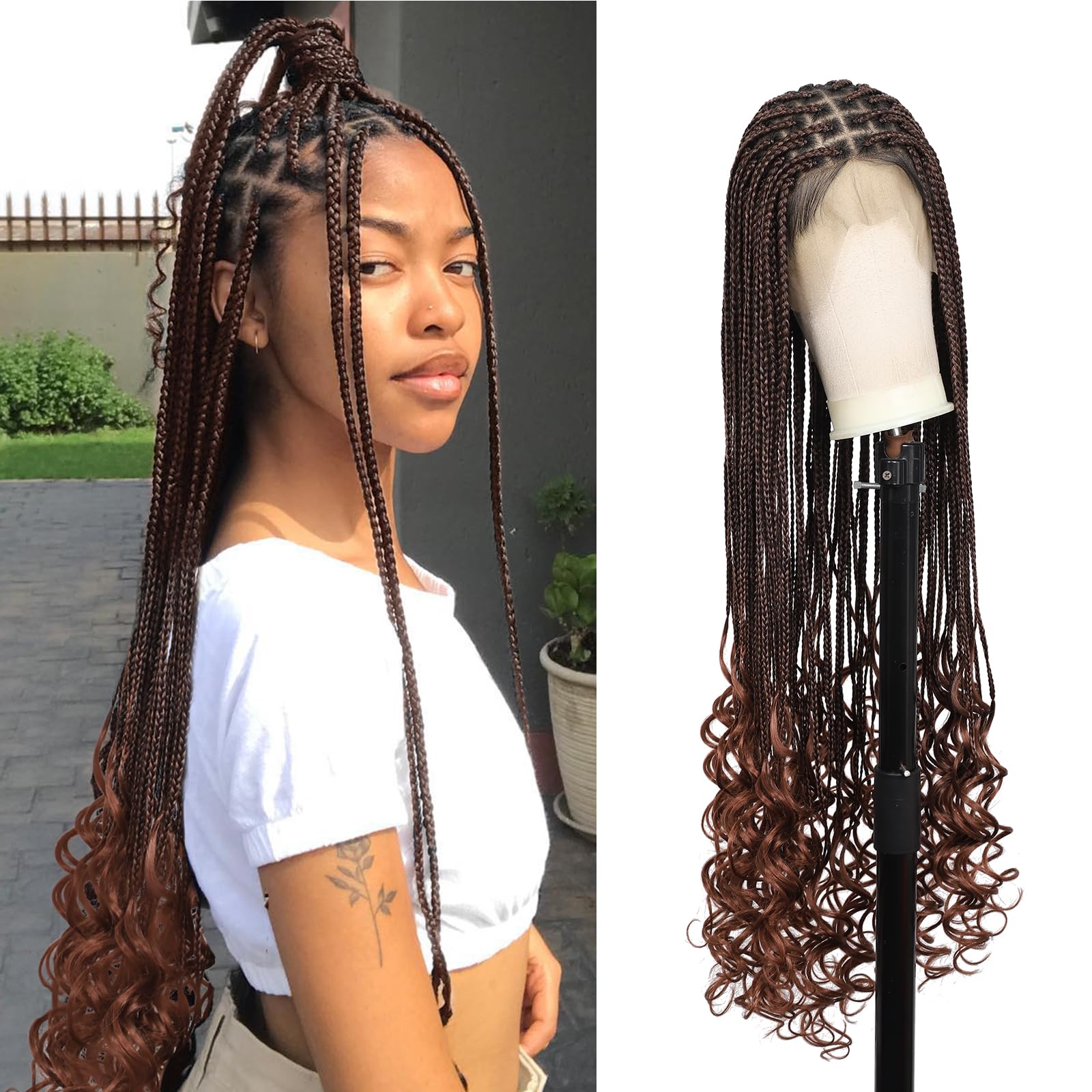 Kalyss Full Double Lace Front Knotless Braided Wigs For Women Box Braided Wig With Curly Ends Human Hair Blended Long Brown Brai