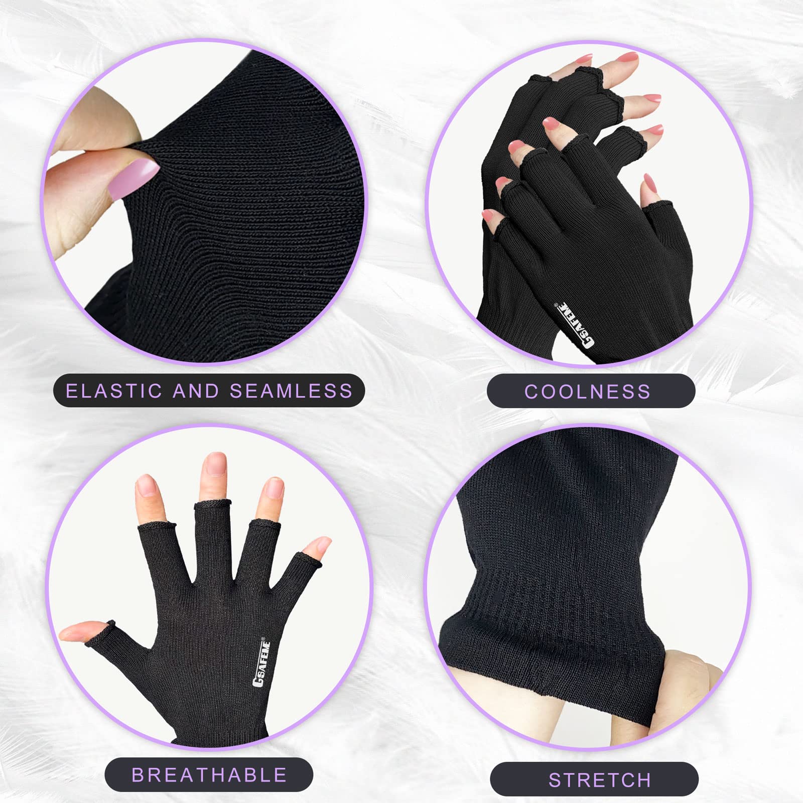 GSAFEME Gel Manicure Gloves, Anti-UV Fingerless, Large, Black, UPF50+ Cotton Moisturizing Gloves for Nail Art