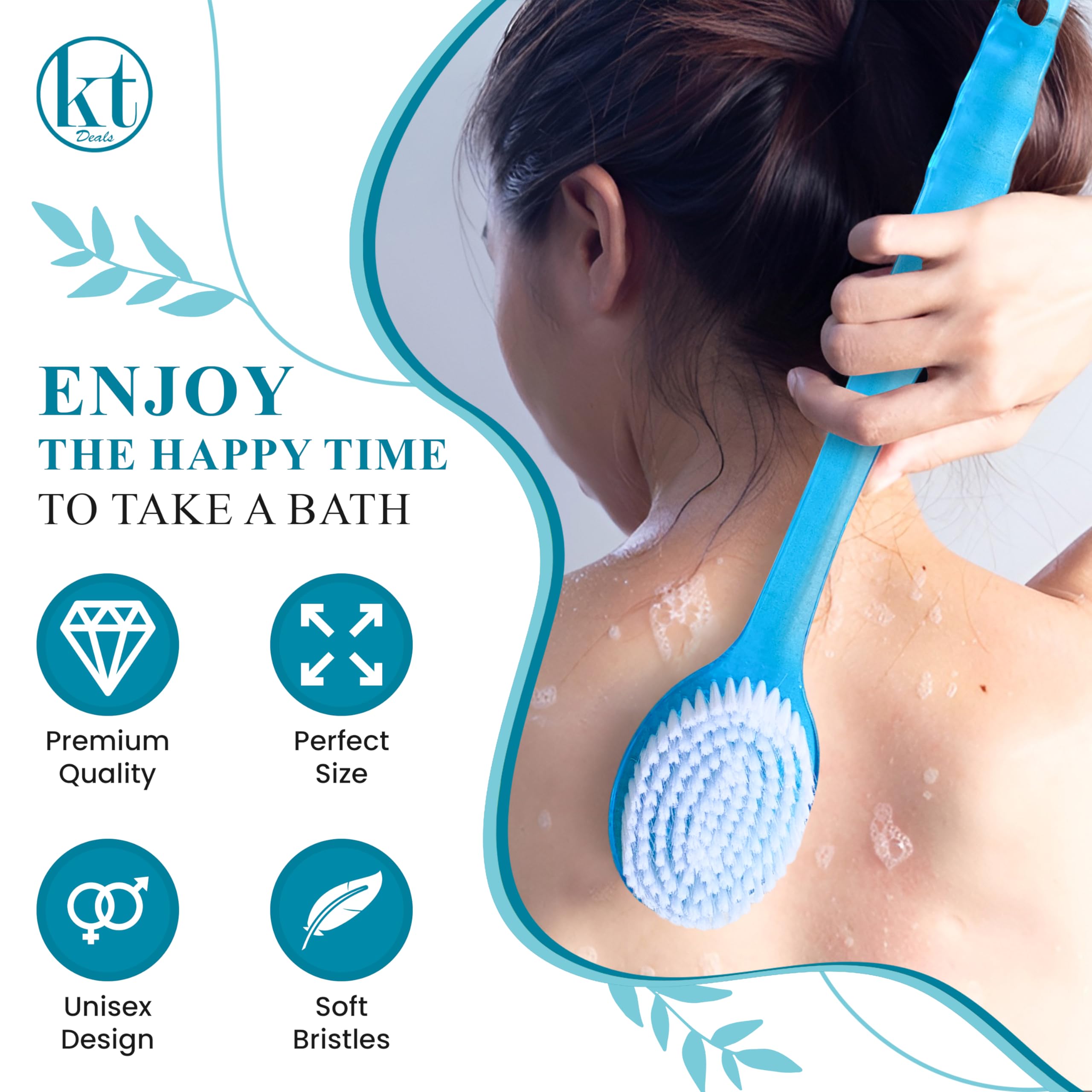 KT Deals Bath Body Brush - Long Handle Exfoliating Scrubber with Soft Nylon Bristles, Blue - Model: BackShowerBrush-blue