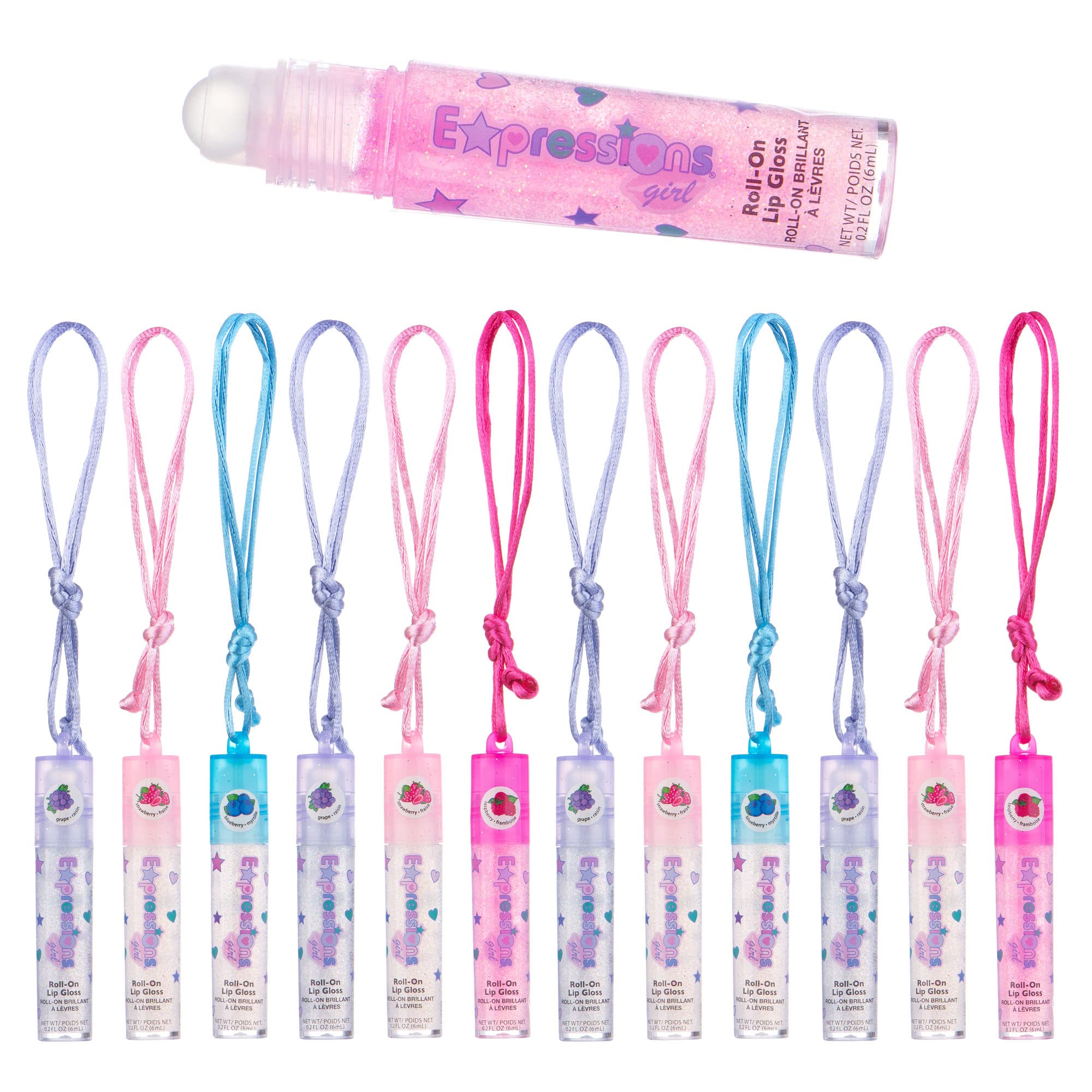 Expressions 12pc Lip Gloss Necklace, Fruit Flavored Lip Gloss Set, Lip Gloss Value Pack, Teen Girls Party Favors, Non Toxic Lip 