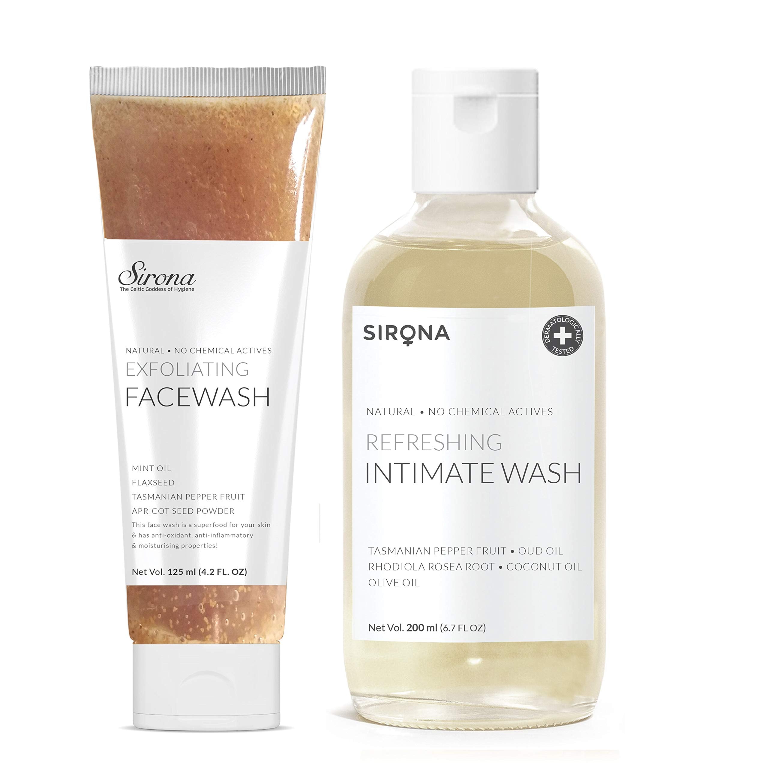 Sirona Natural Exfoliating Face Wash For Women And Men  125 Ml | Facial Cleanser With Apricot Flax & Sirona Intimate Wash For M