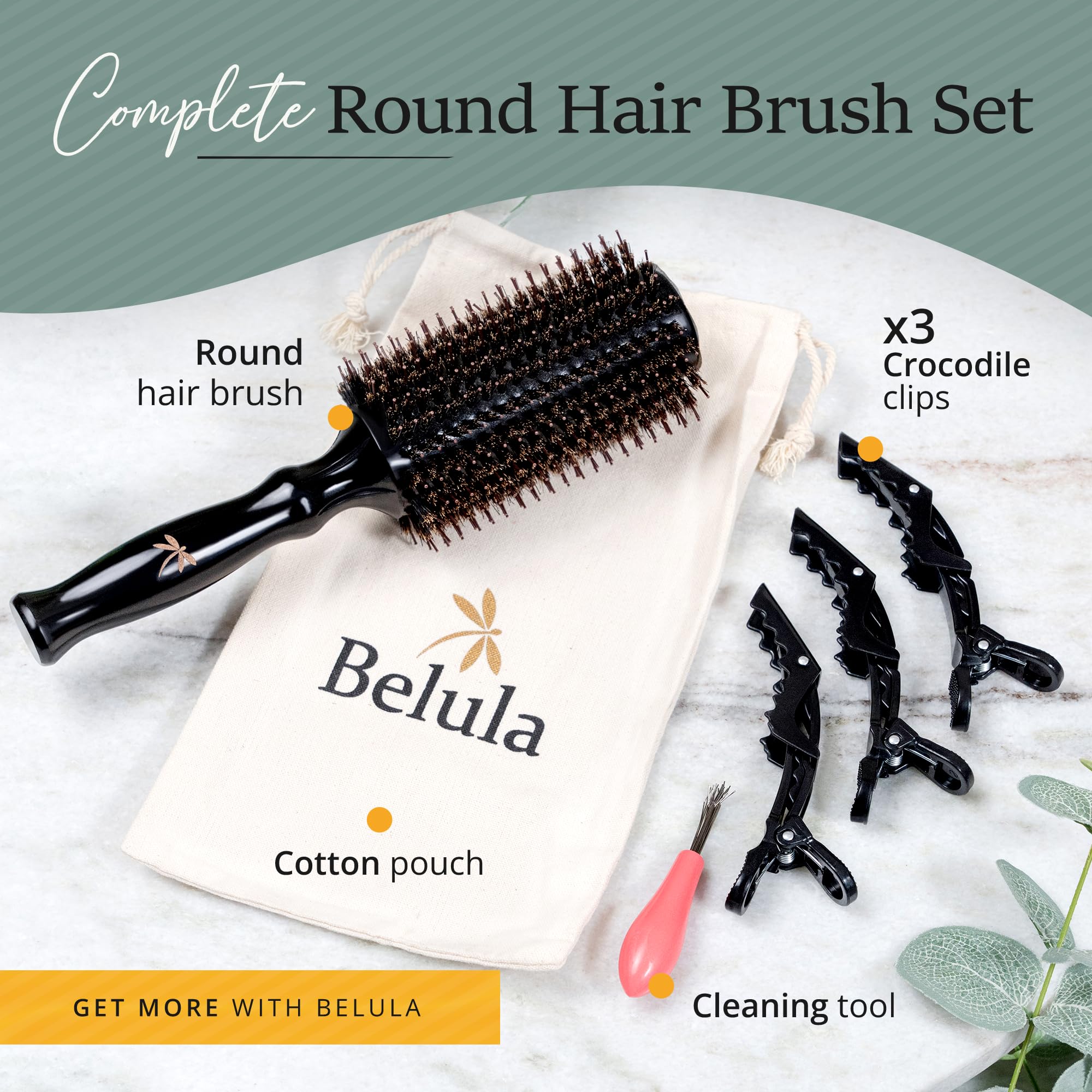 Belula Boar Bristle Round Brush for Blow Drying Set. Round Hair Brush With Small 2'' Wooden Barrel. Hairbrush Ideal to Add Volum
