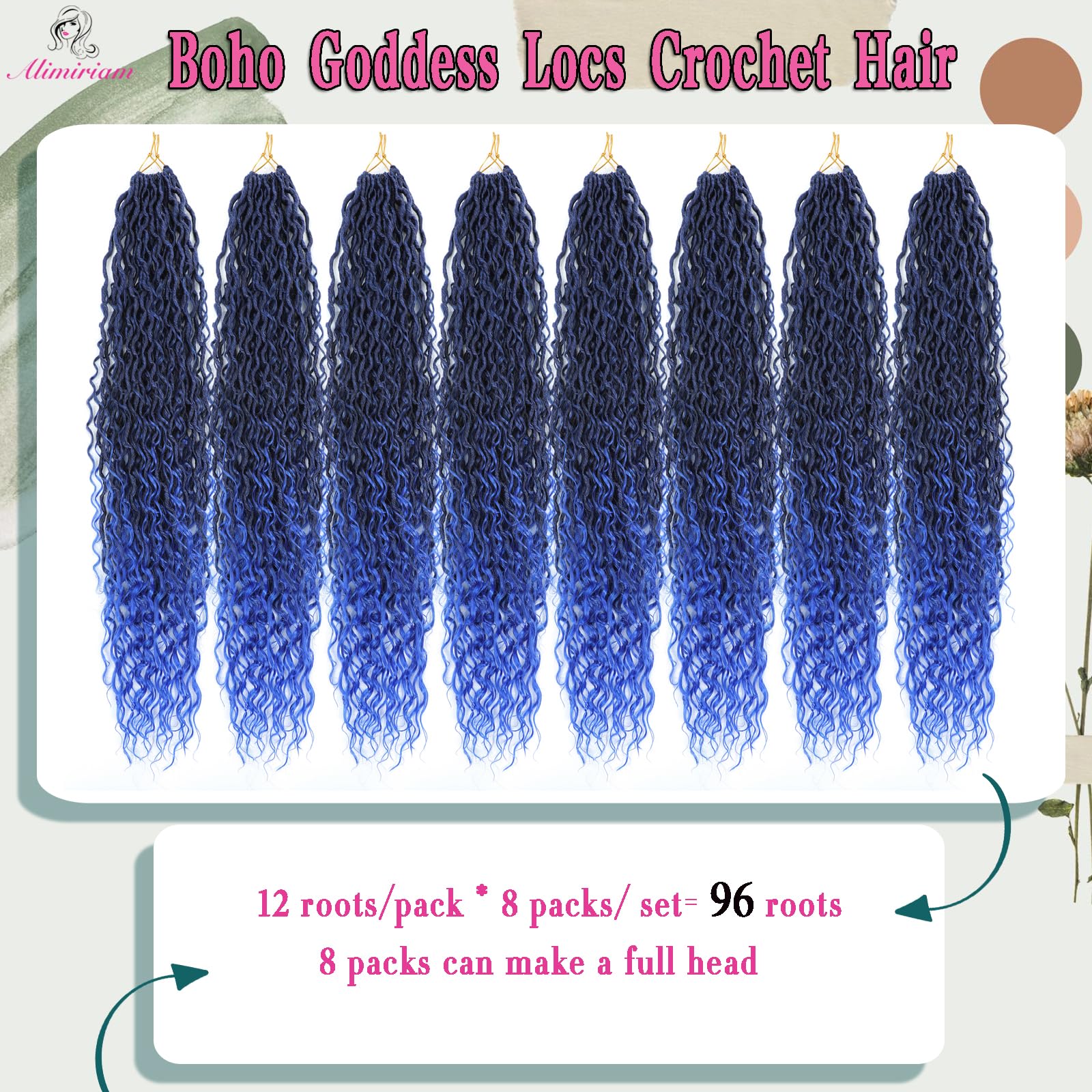 8 Packs Boho Goddess Locs Crochet Hair 18Inch Ombre Blue River Locs Crochet Hair Boho Faux Locs Wavy Hair With Curly Ends Pre-Lo