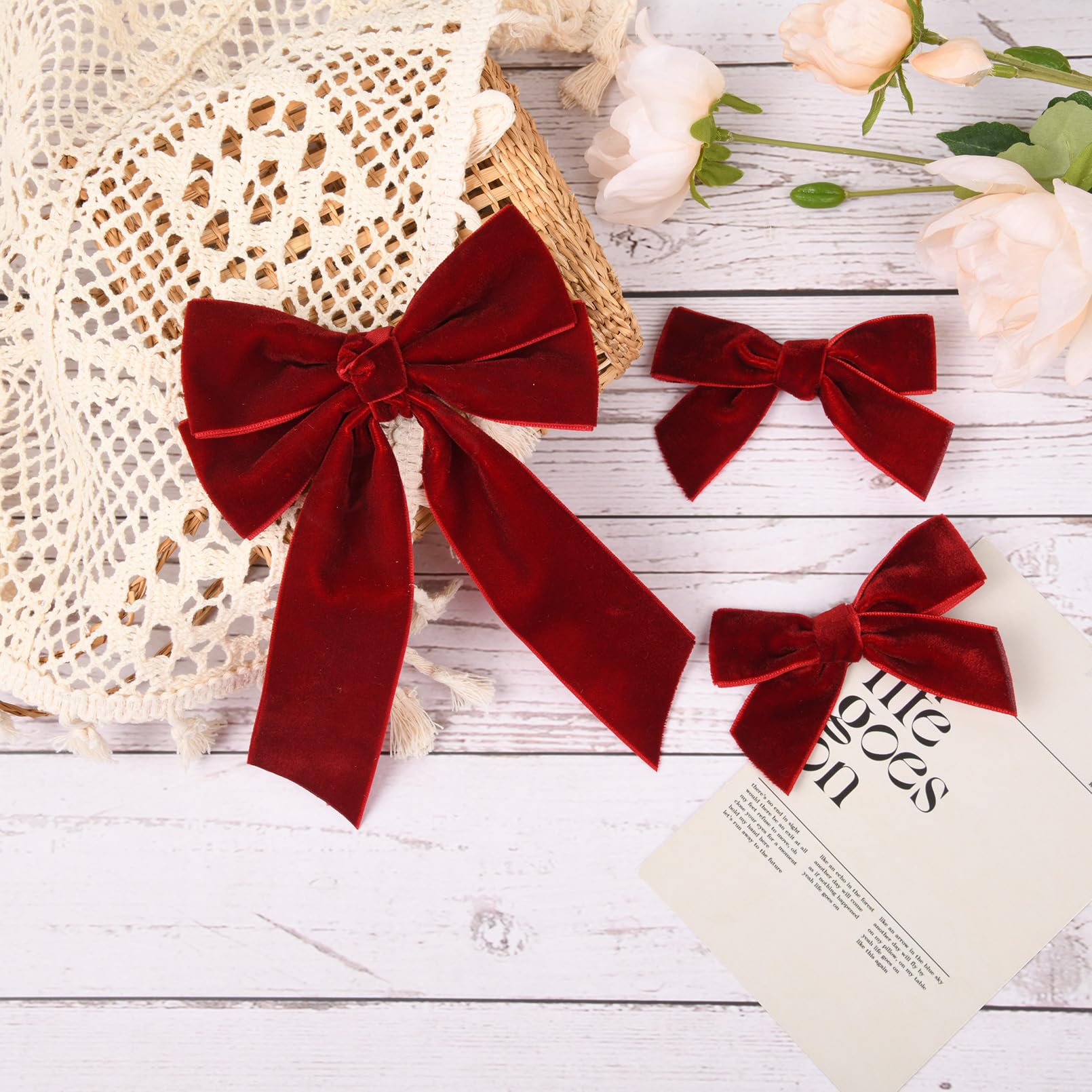 3 Pcs Velvet Bows Hair Clip Ribbon Red Accessories Ponytail Holder Hair Bow For Women Girls Toddlers Teens Kids