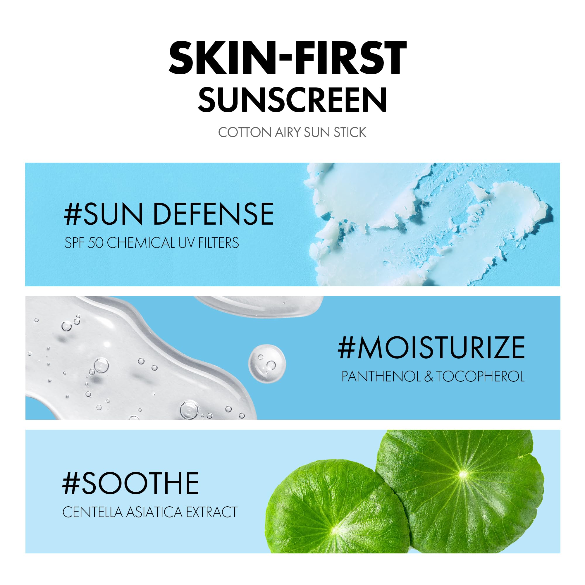 Cotton Airy Sun Stick SPF 50 Broad Spectrum Korean Matte Sunscreen Stick for Face - Travel Size Sebum Control Sunblock -Vegan, L