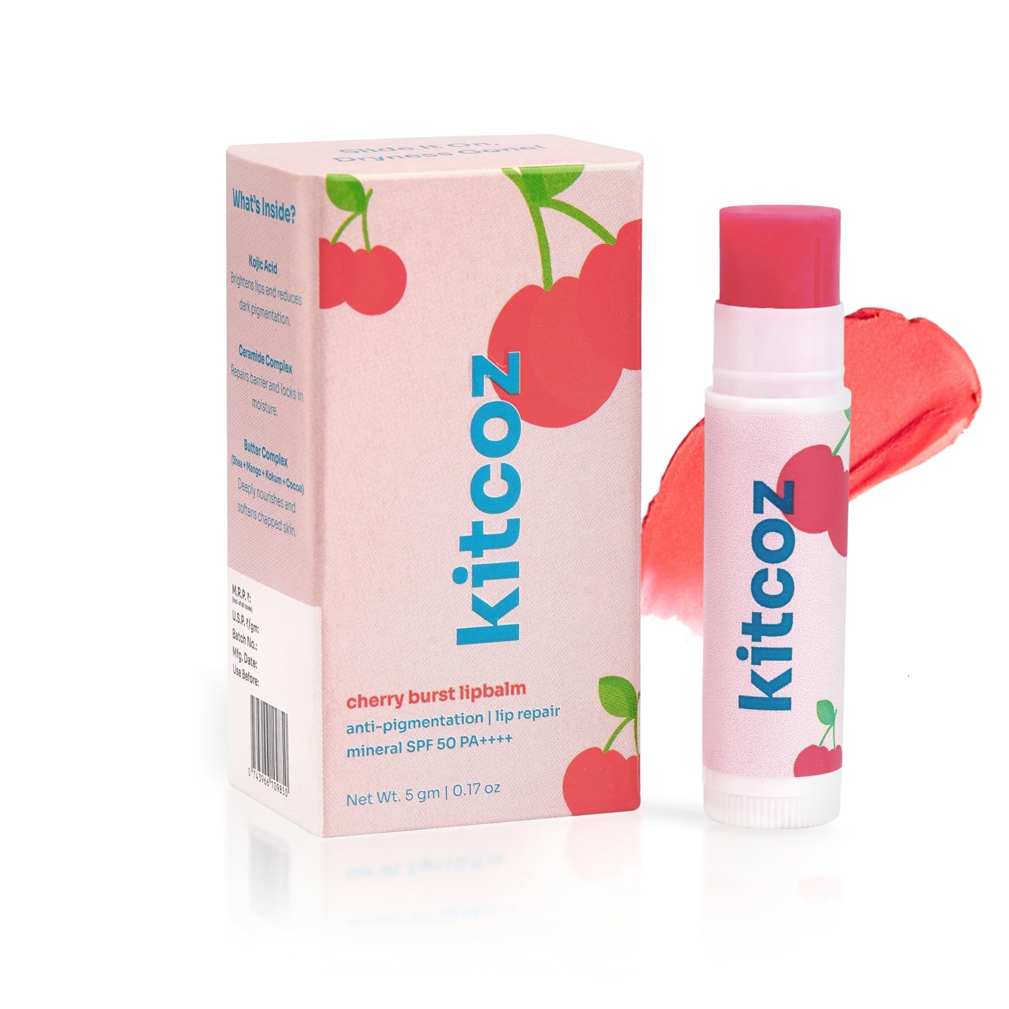 Kitcoz Tinted Ceramide Lip Balm With Kojic Acid & Spf 50 Pa++++ For Dark, Pigmented & Dry Lips  5G (Cherry Burst)