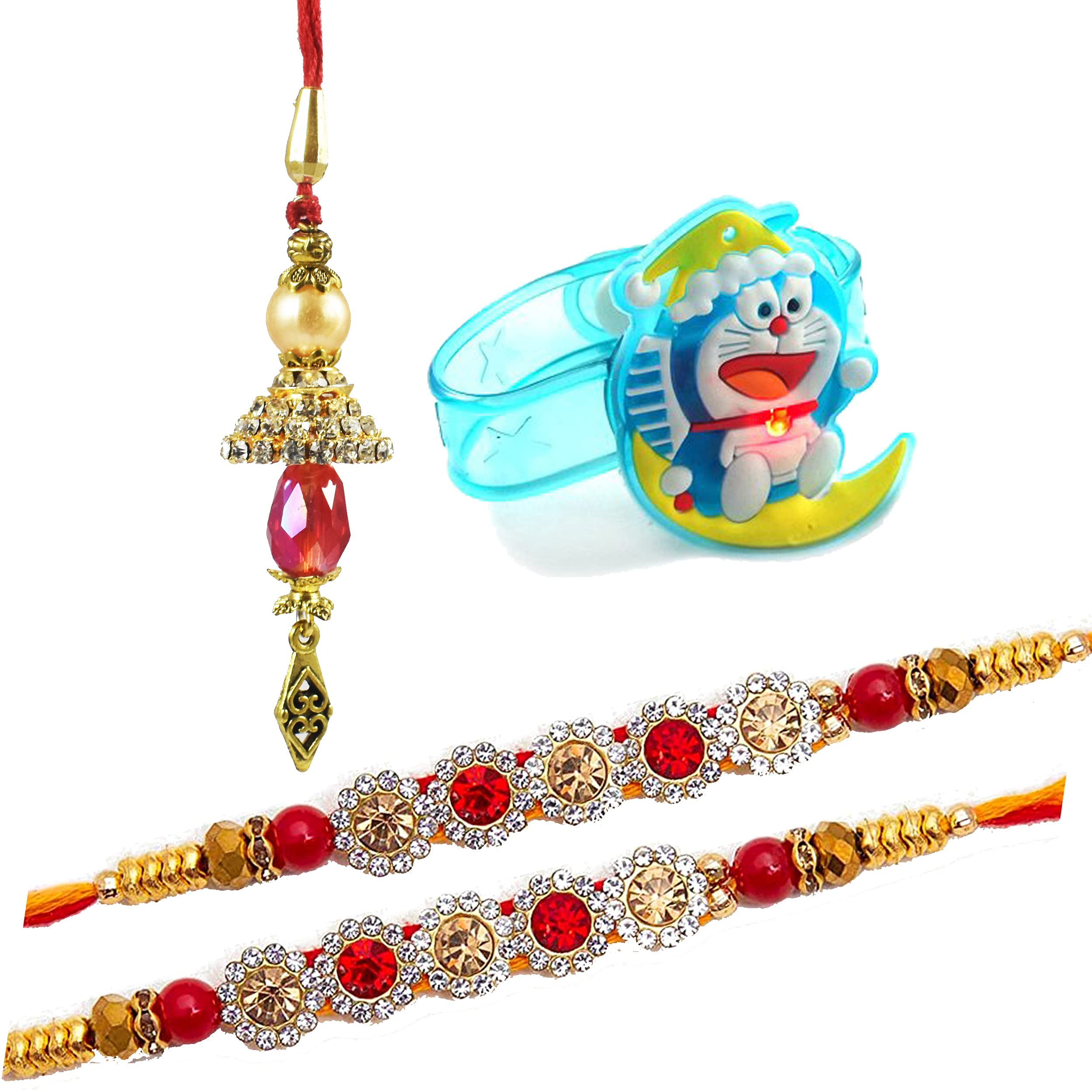 Urvi Creations 2 Pcs Red Stone Rakhi With Diamond Latest Bhabhi Bangle Lumba And 1 Kids Light Up Rakhi For Brother Bhaiya Bhai K