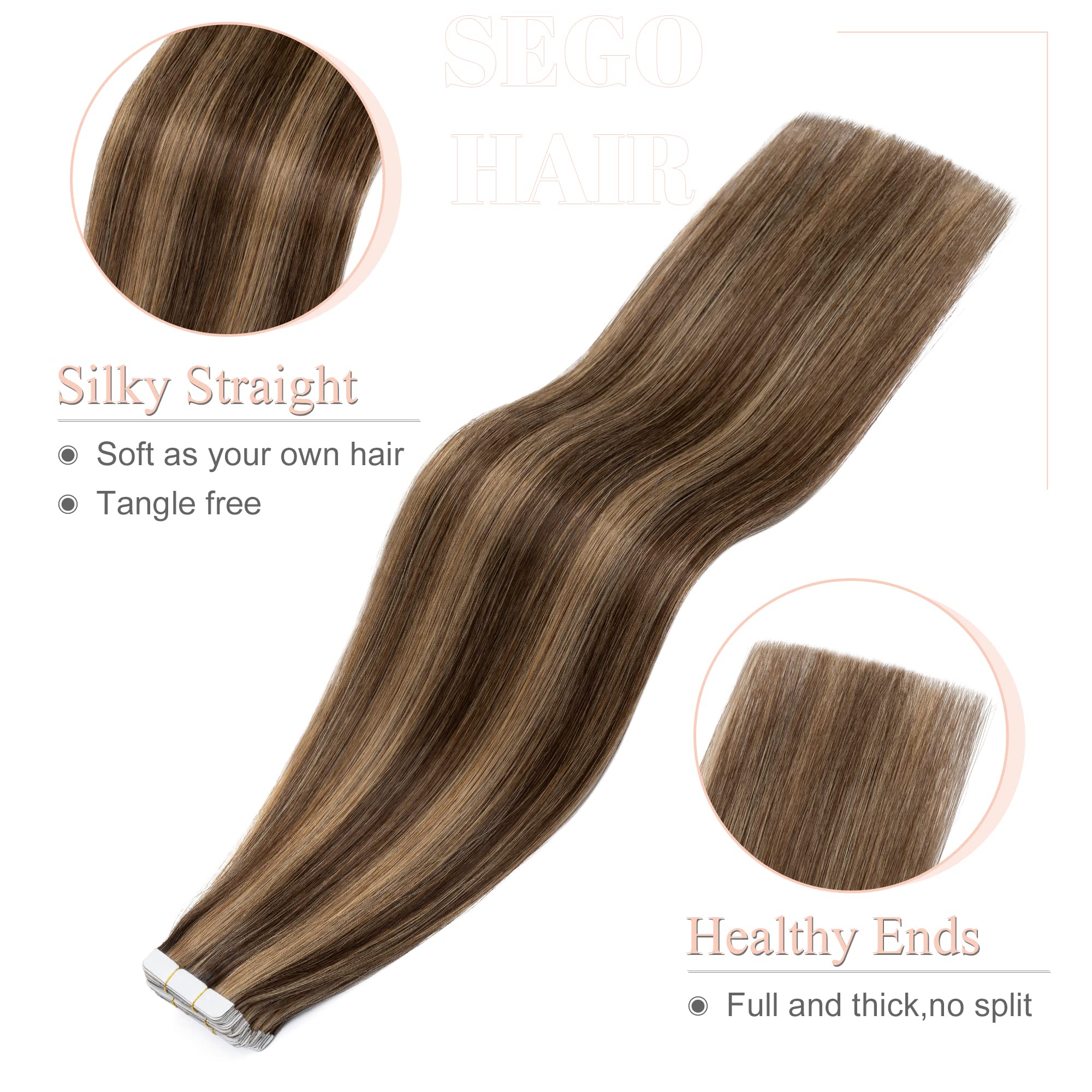 Sego 18 Inch Tape In Hair Extensions Human Hair 100G 40Pcs Straight Balayage 100% Remy Rooted Seamless Skin Weft Invisible Doubl