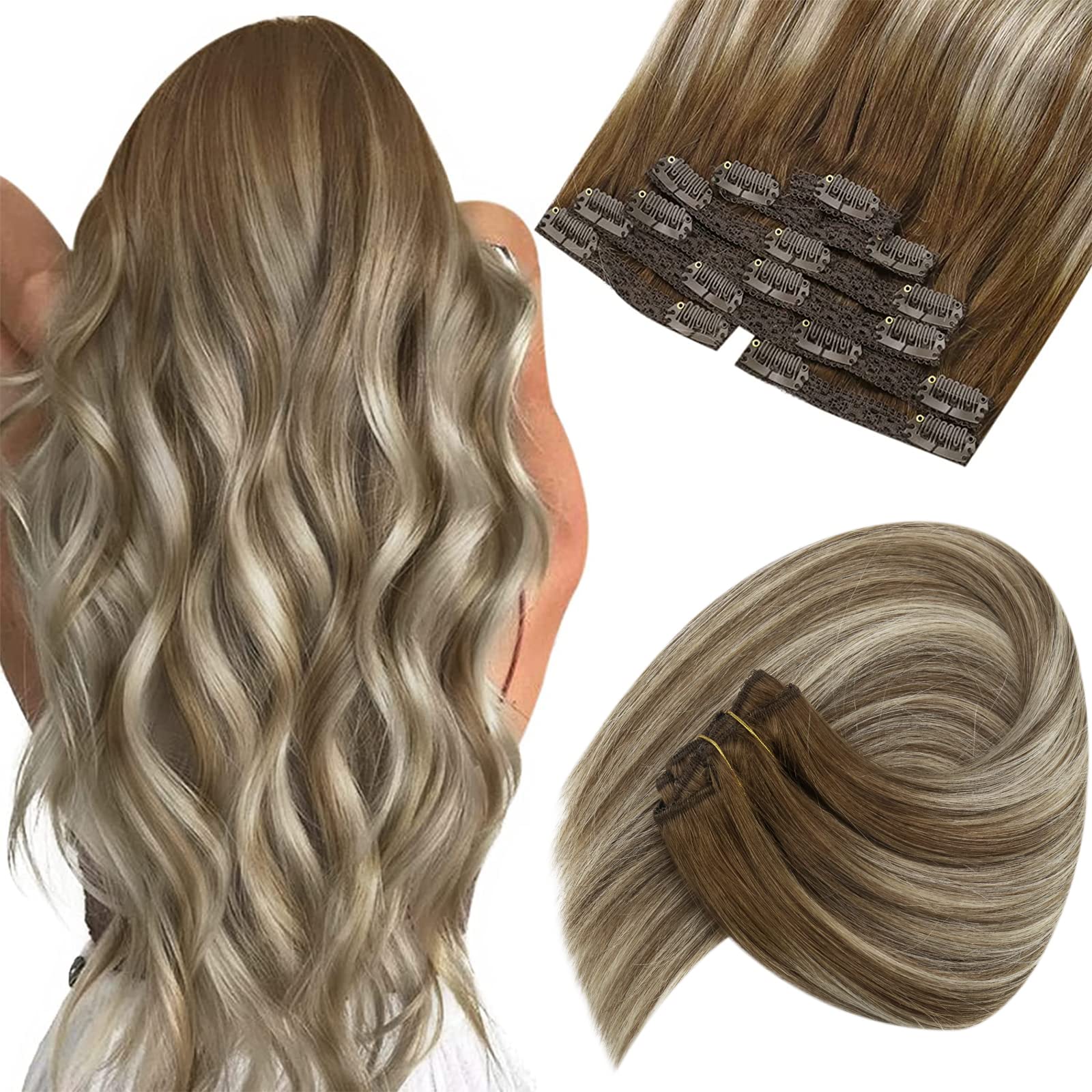 Sunny Clip on Hair Extensions Human Hair Balayage Clip in Hair Extensions Ombre Meidum Brown to Platinum Blonde Invisible Clip i