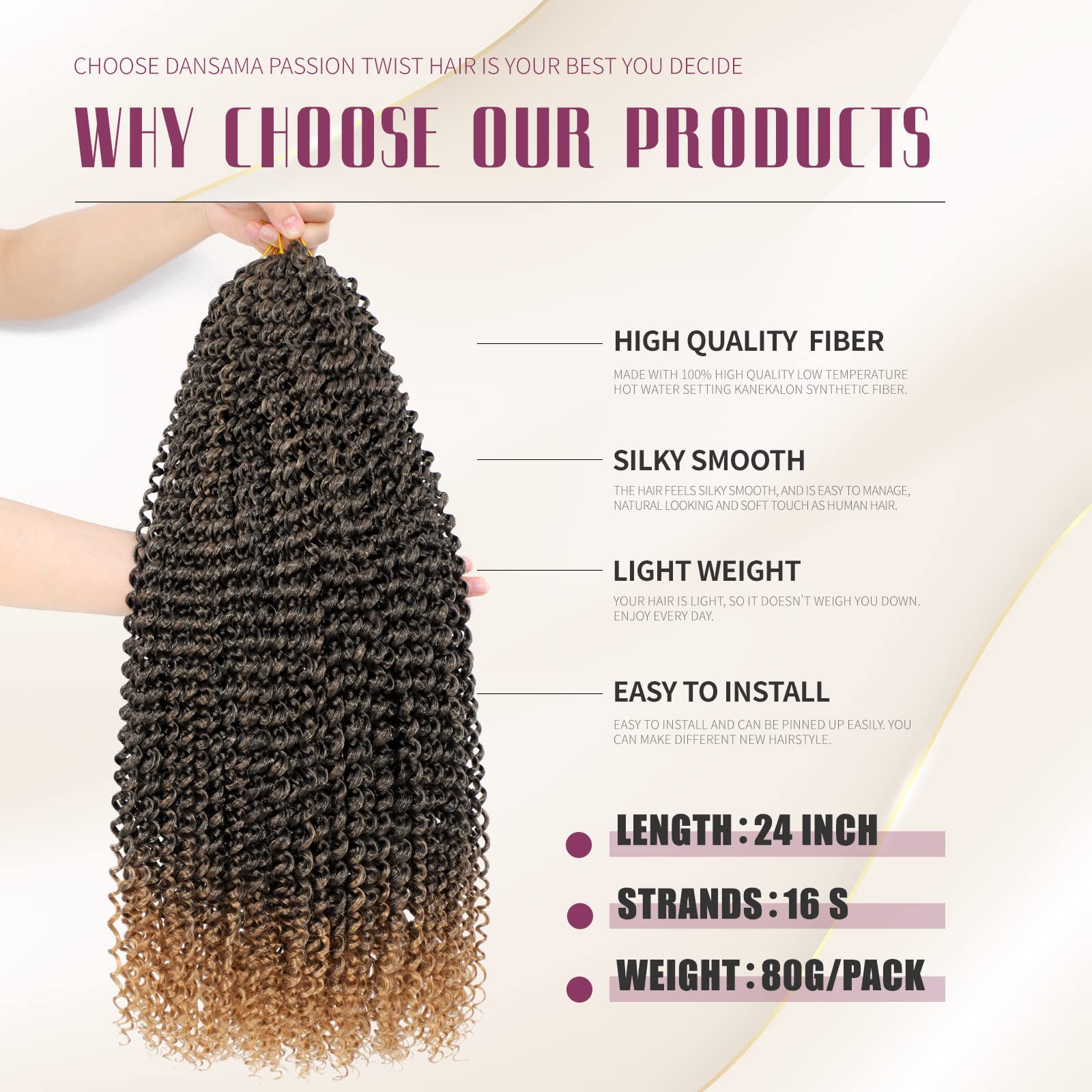 Dansama 6 Packs Passion Twist Hair Water Wave Braiding Hair For Butterfly Style Crochet Braids Bohemian Hair Extensions (24Inch,