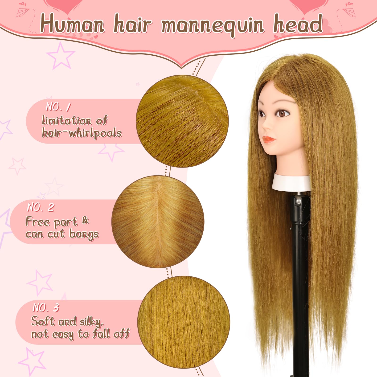Yofuly Mannequin Head - 26" Light Brown Real Human Hair Training Head with Clamp & Tools for Cosmetology, Styling, Braiding, Cutting
