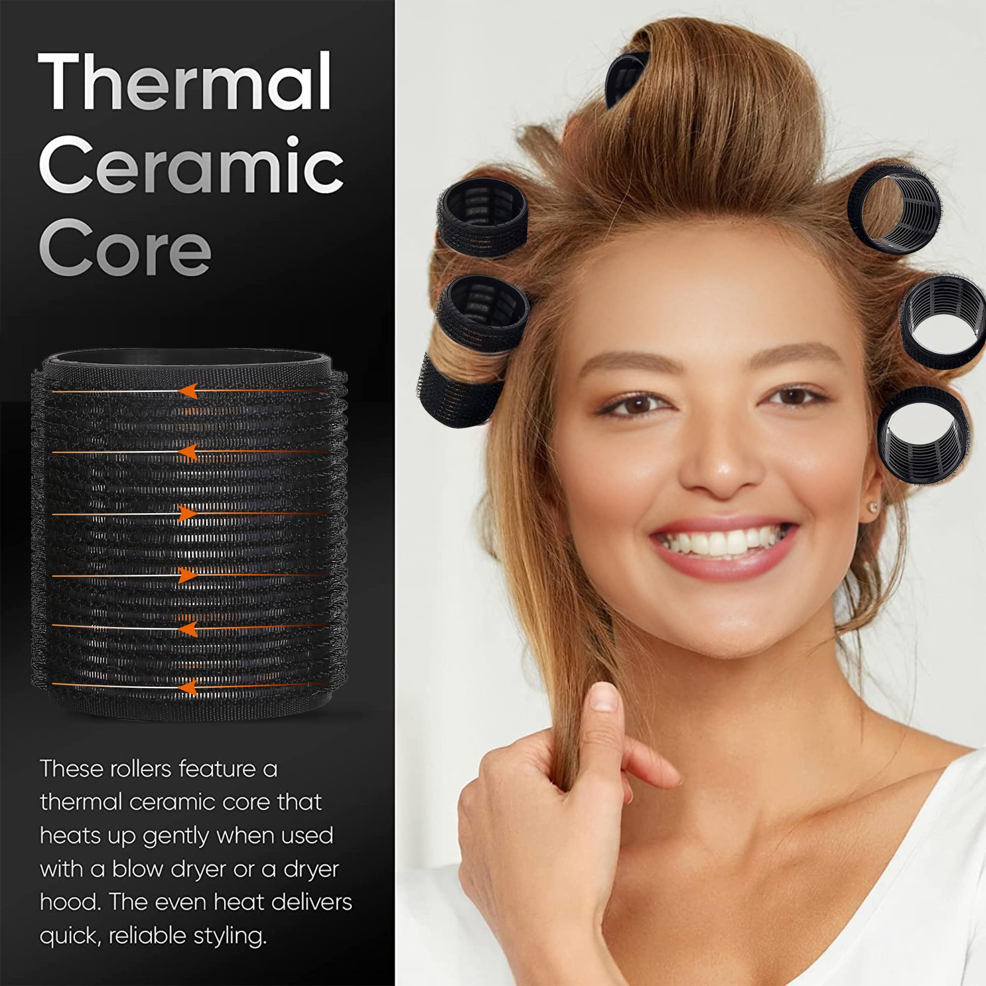 Hyoujin 18Pc Self-Grip Ceramic Ionic Thermal Rollers Set For Salon-Quality Blowout Look, Perfect For Sleeping (Black, 60Mm, 48Mm