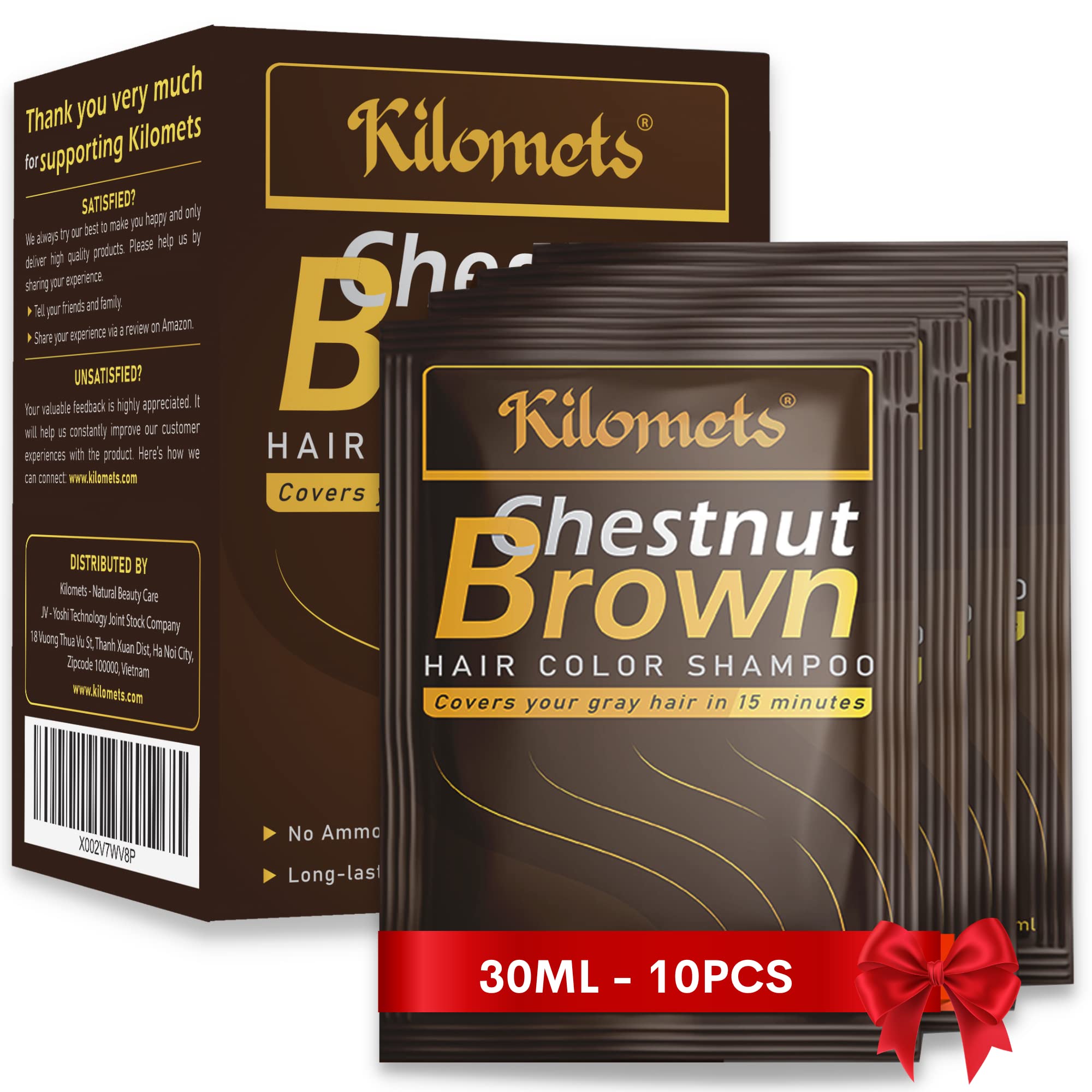 Kilomets Chestnut Brown Hair Dye Shampoo 3 IN 1 - Pack 10 Travel & Trial - Hair Color Shampoo Grey Coverage in Minutes Ammonia F
