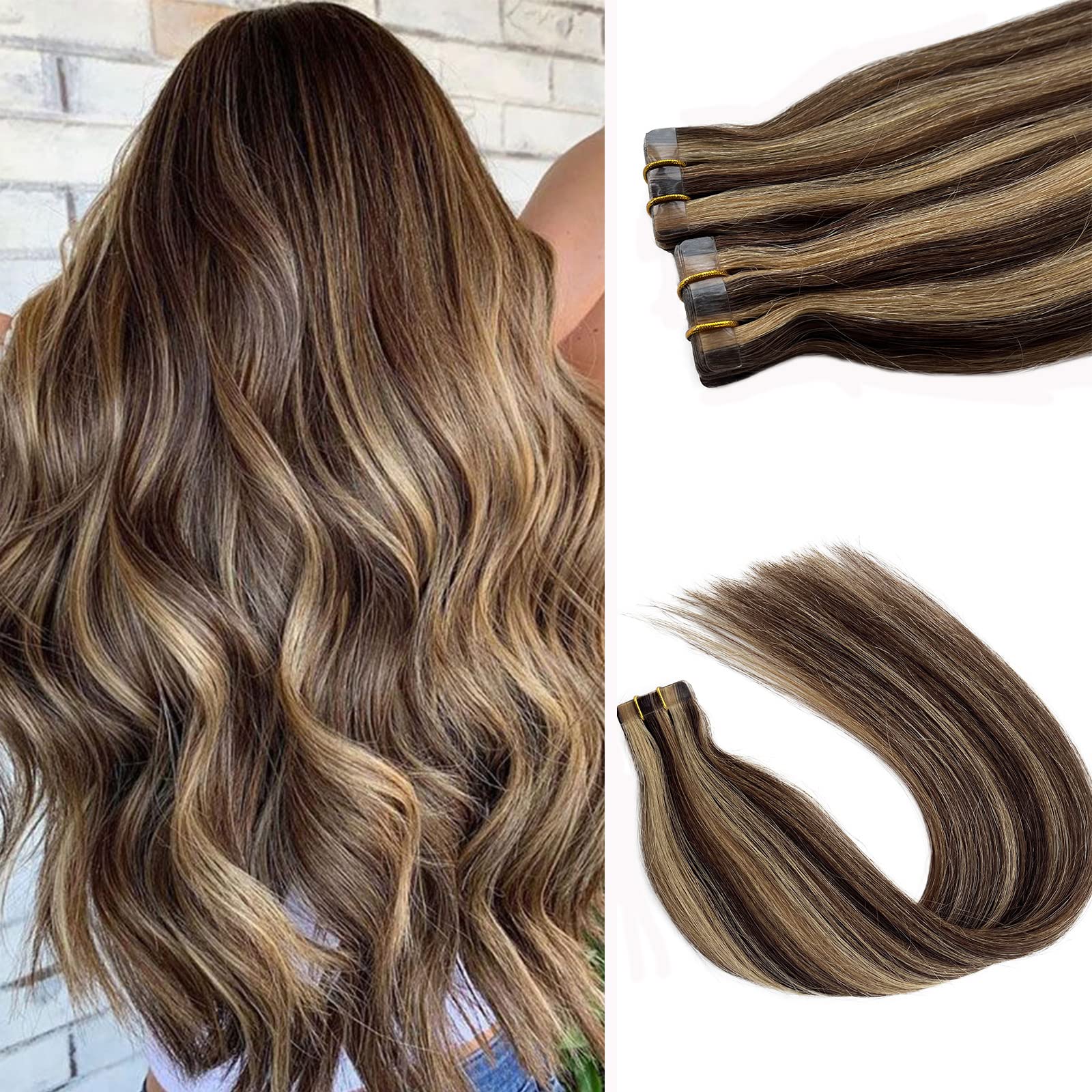 Brown Balayage Tape In Hair Extensions Human Hair Brown With Blonde Highlights Hair Extensions 16Inch 20Pcs 30G Natural Human Ha