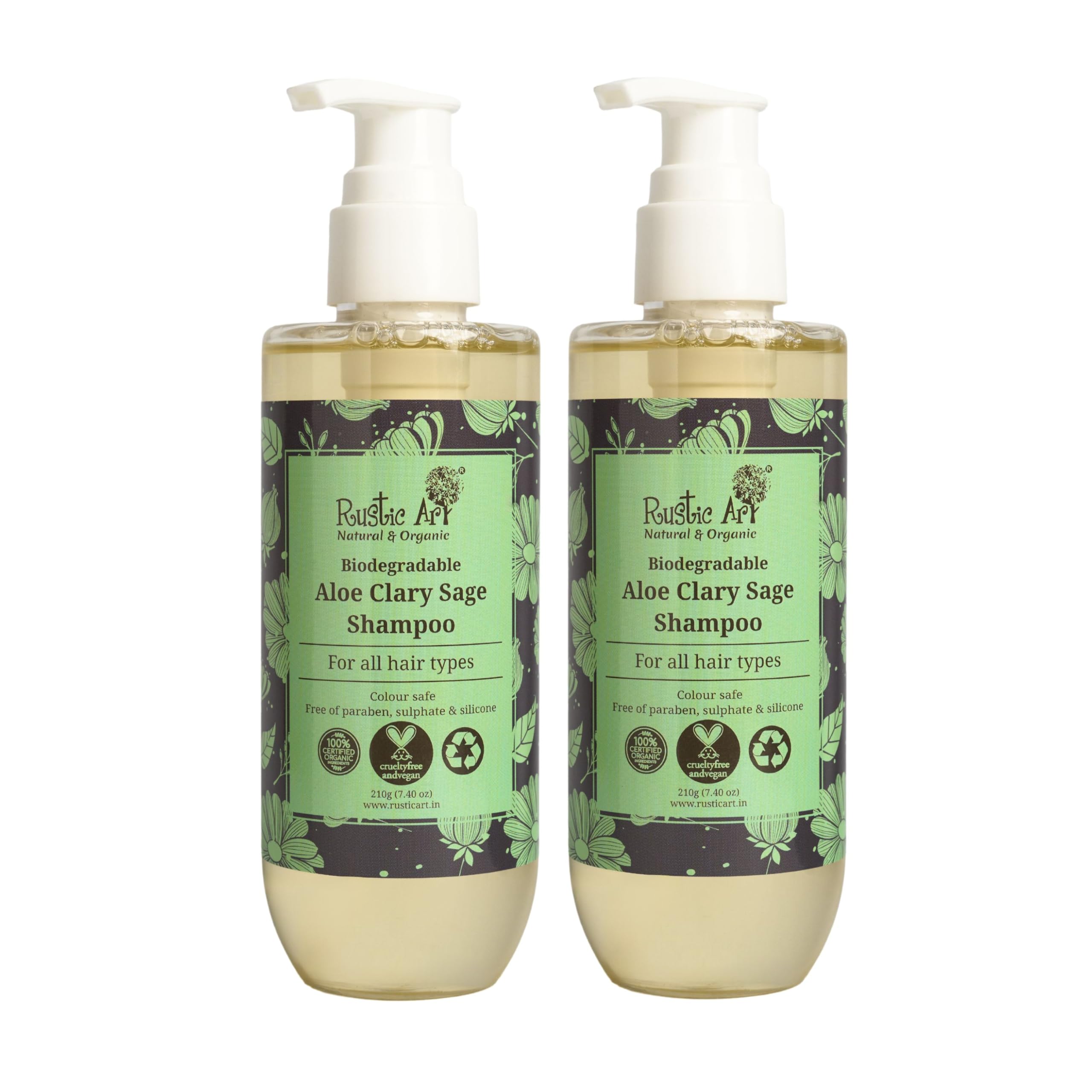 Rustic Art Aloe Clary Sage Shampoo Pack Of 2 | Daily Gentle Cleansing & Hair Fall Control | Sulphate & Paraben Free | Aloe Vera,