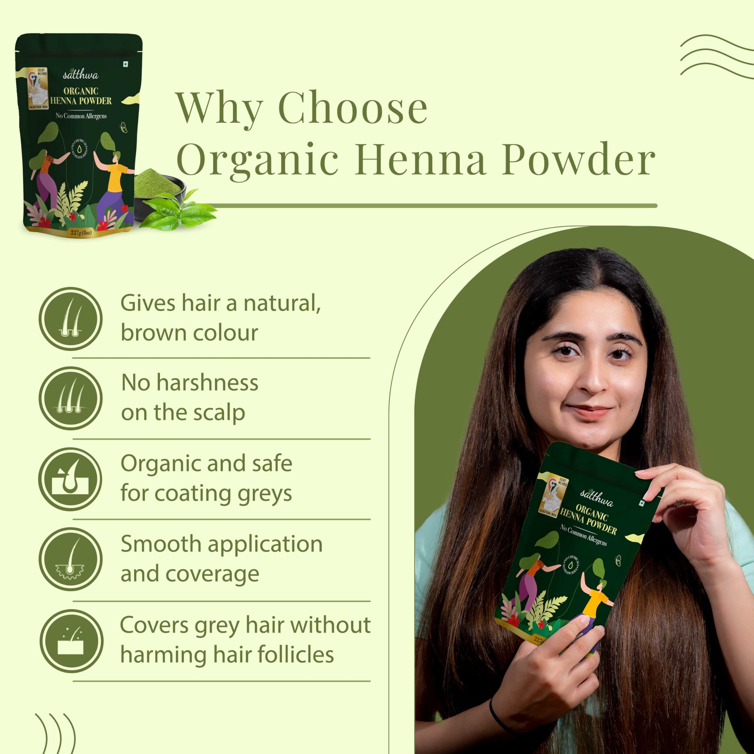 Satthwa Organic Henna Powder (Mehndi Powder)| 227gm (8oz) | 100% Pure and Natural Lawsonia Inermis | Henna for Cools Scalp, Nour