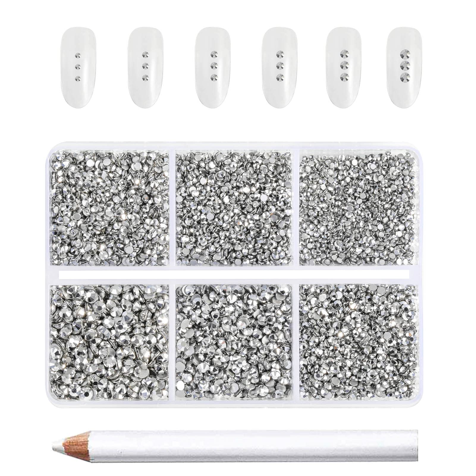 Beadsland 7200Pcs Flatback Rhinestones,Silver Rhinestones Nail Gems Round Crystal Rhinestones For Crafts,Mixed 6 Sizes With Wax