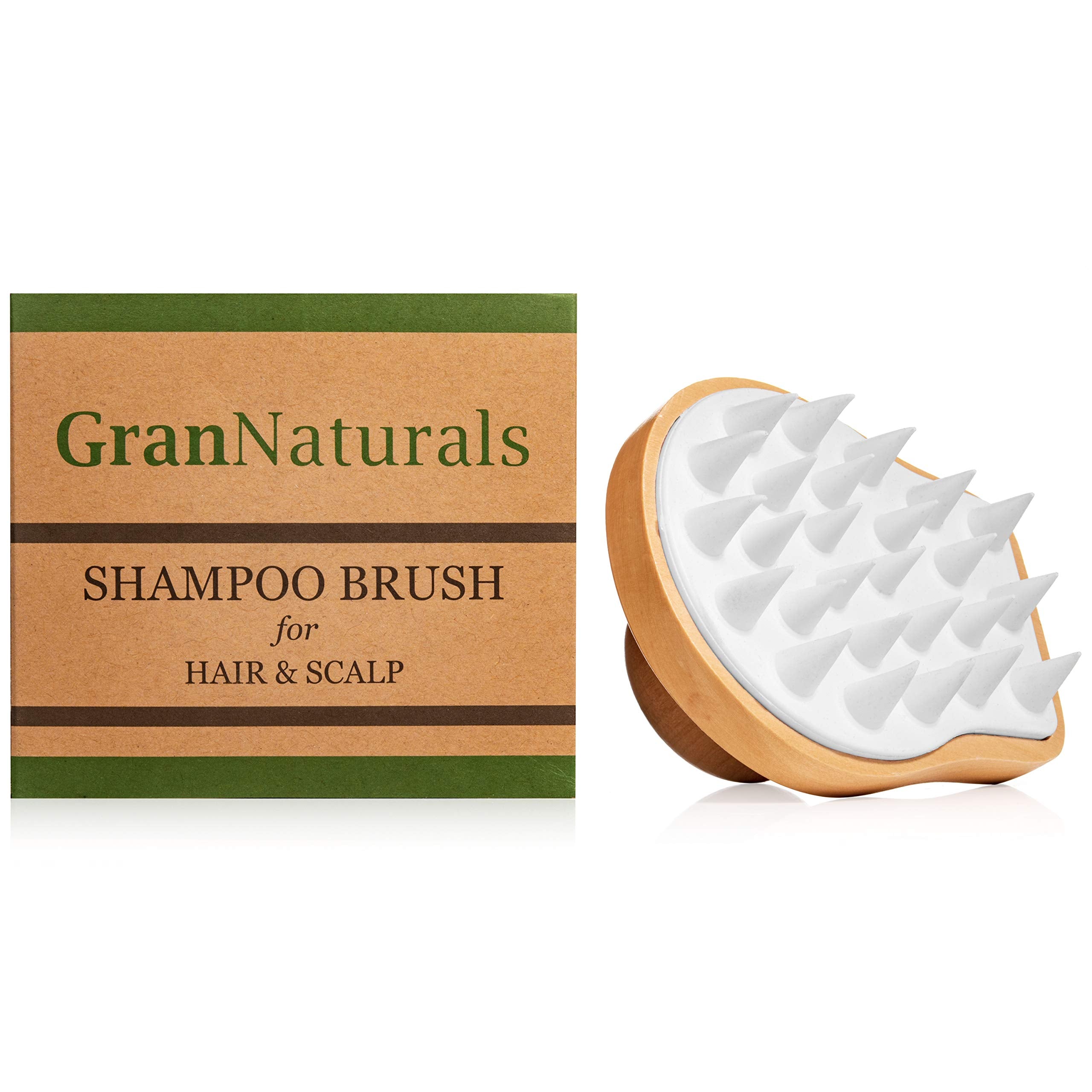 Grannaturals Wooden Shampoo Scrubber Brush - Shower Scalp Massager For Men & Women - Head Exfoliator With Silicone Bristles - He