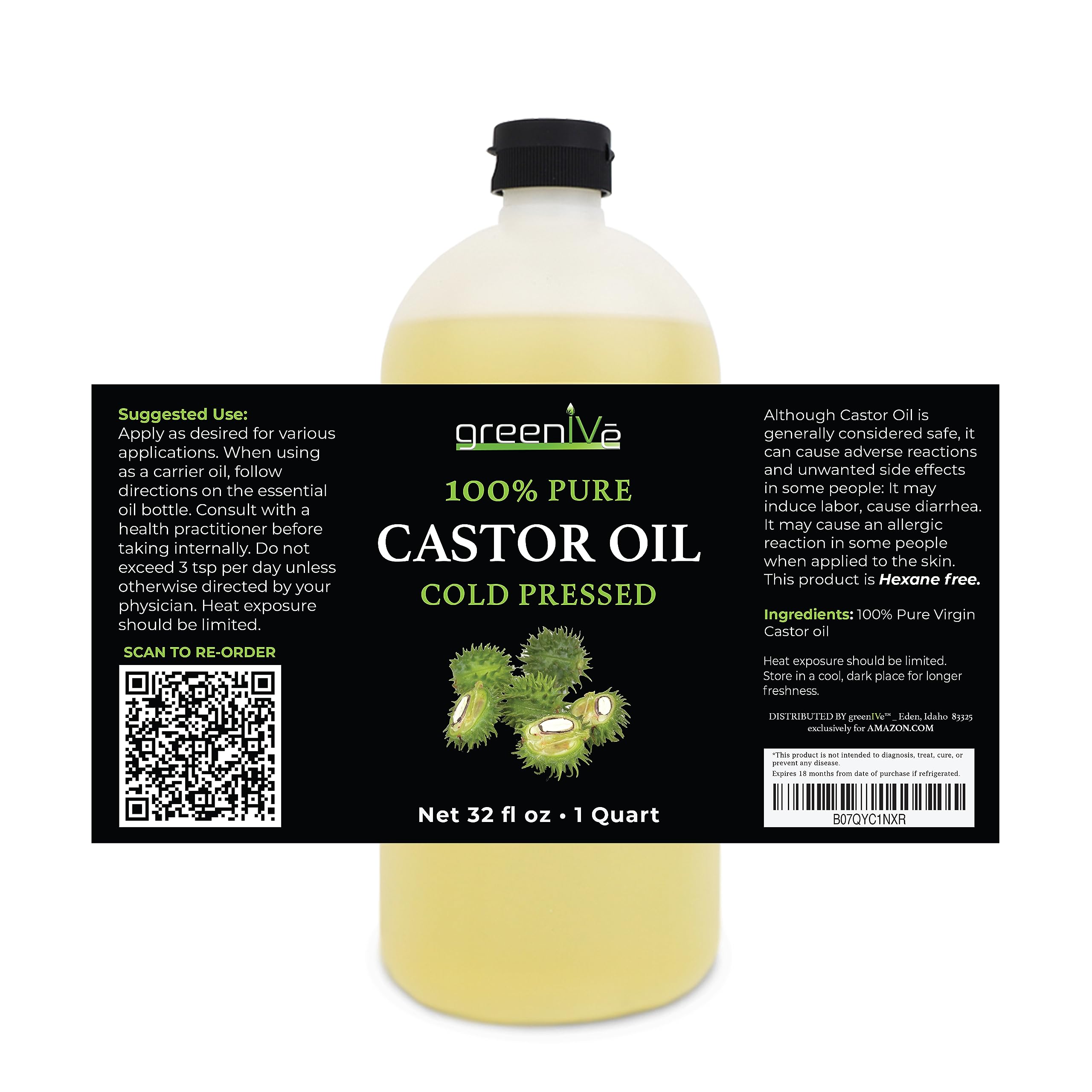 GreenIVe Castor Oil Organically Grown 100% Pure 32oz Bottle Cold Pressed, Hexane Free, Eyelash and Eyebrow Growth Serum, Skin Mo