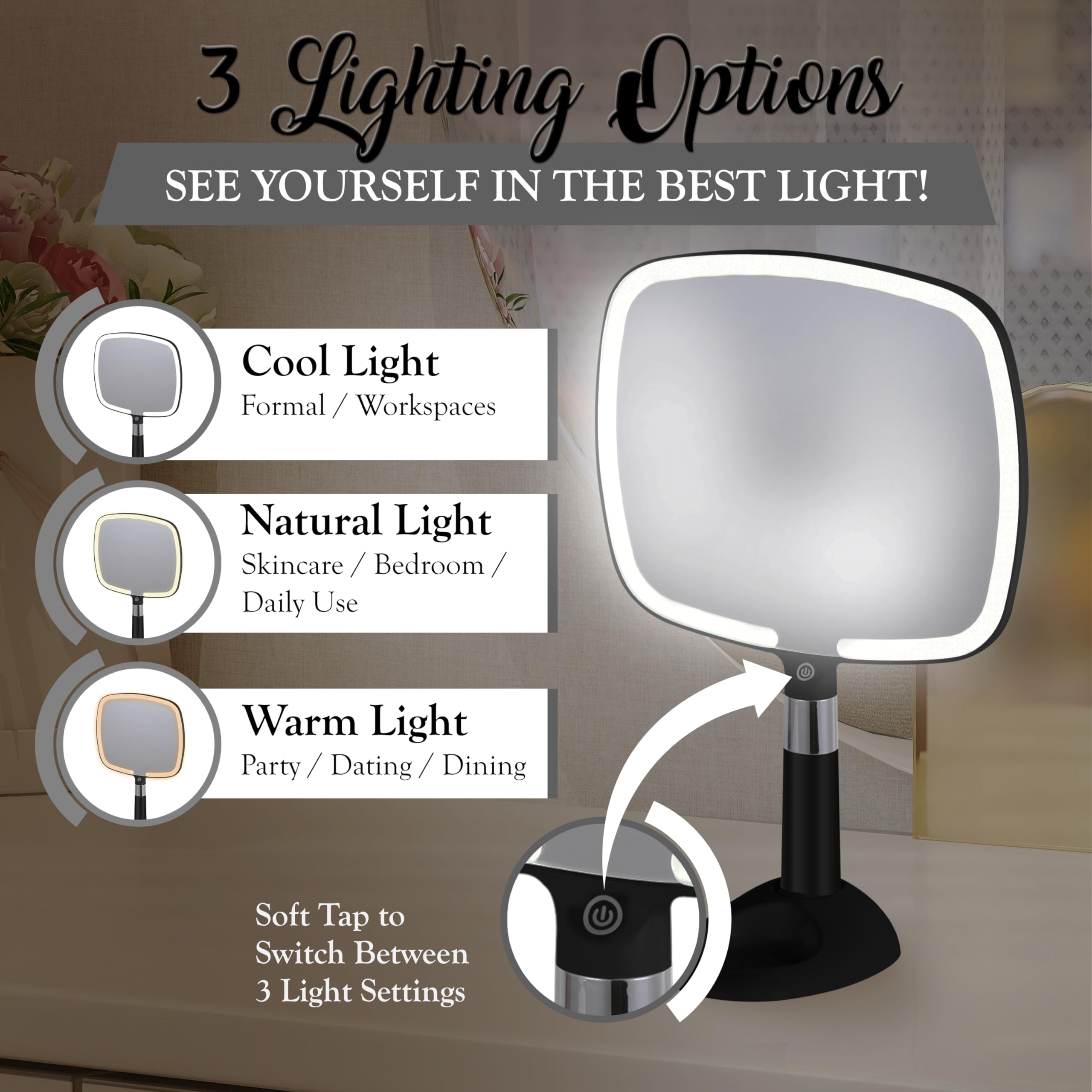 MIRRORVANA Lighted Travel Makeup Mirror - 2 in 1 Handheld & Tabletop LED Mirror with 3 Light Modes, Detachable Stand, and Comfy