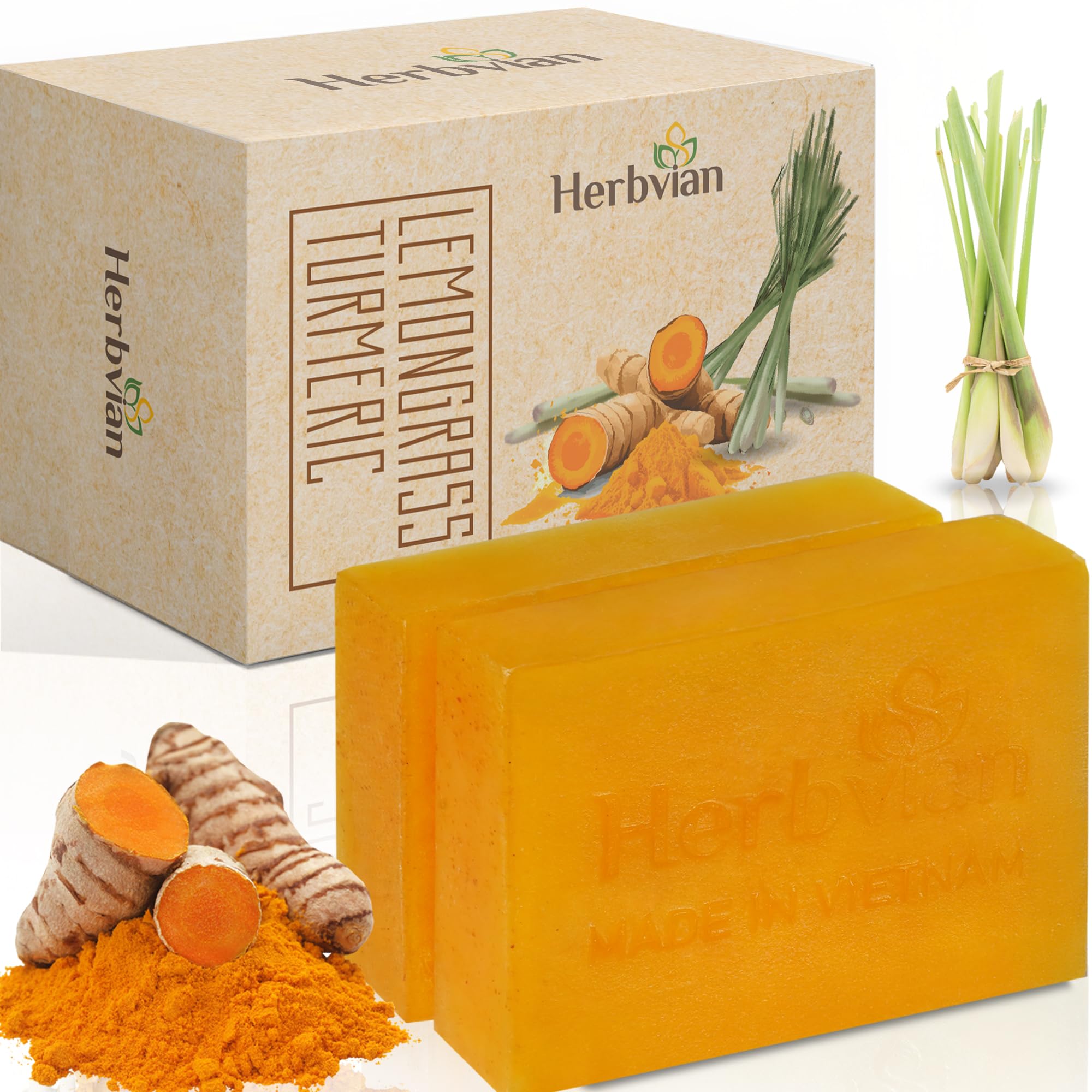 Herbvian 100% Natural Turmeric Soap Bar For Face And Body, Warmth Lemongrass Mosquito Repellent Soap, Vietnamese Back Acne Bath