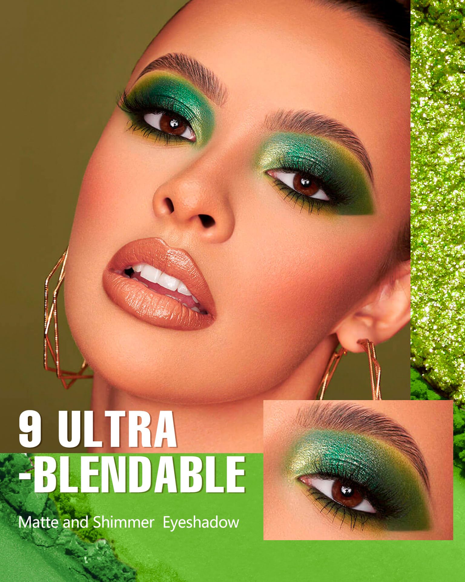 Maki Yika Green Eyeshadow Palette: Long Lasting, Rich Pigmented, Vegan Formula, 9 Shades