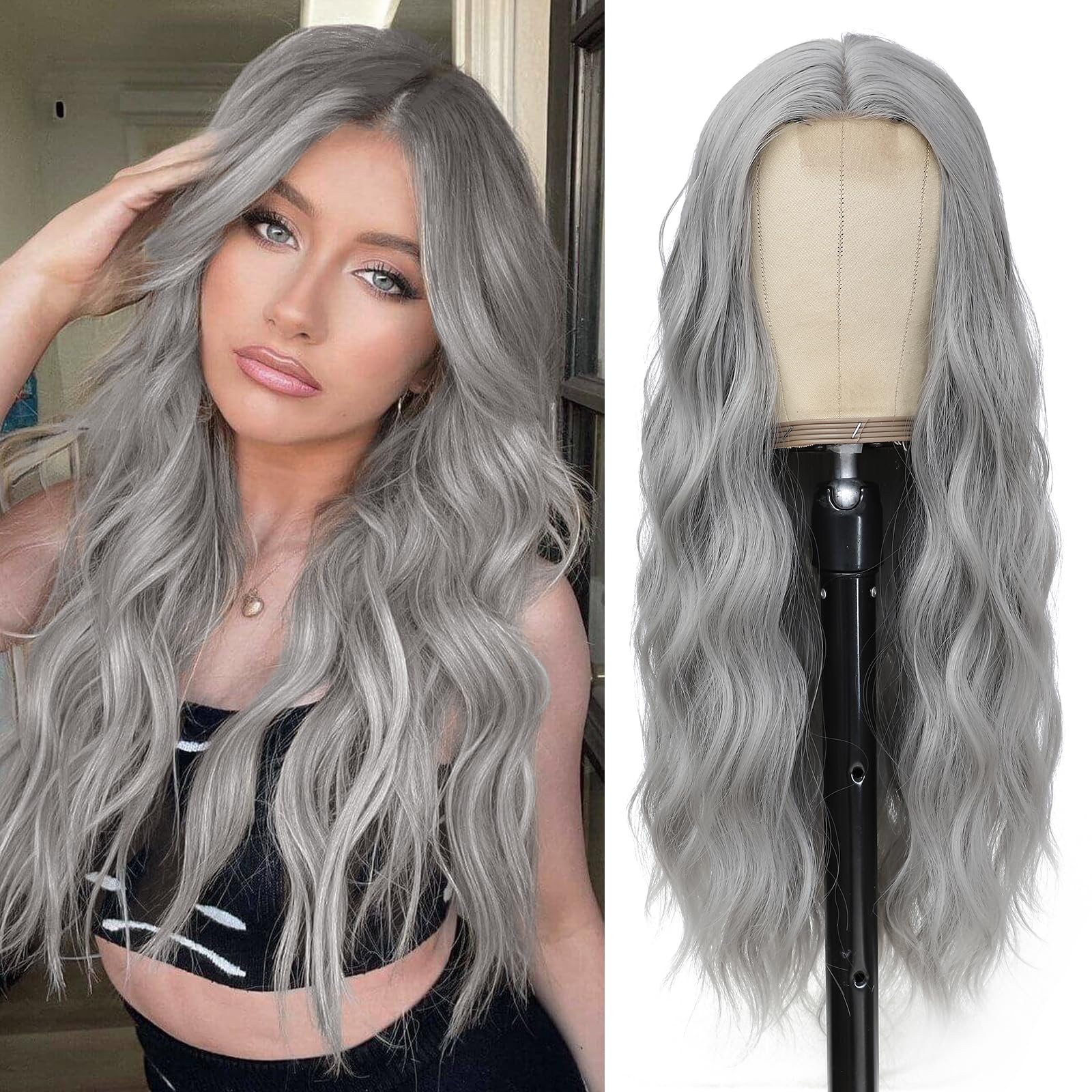 YBYMCAI Grey Wig - Long Sliver Wavy Wigs for Women Middle Part Gray Wig 26 inch Natural Curly Synthetic Wig Heat Resistant Fiber