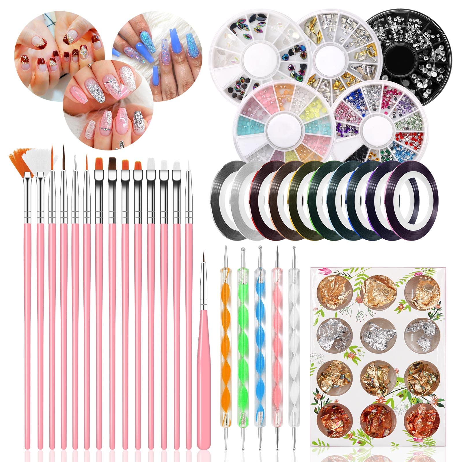 Nail Art Pens Nail Kit 47 Pcs, Dotting Foil 15 Pcs Nail Designer Kit Set, Designer Nail Foil, Paillette Decoration Manicure 5 Bo