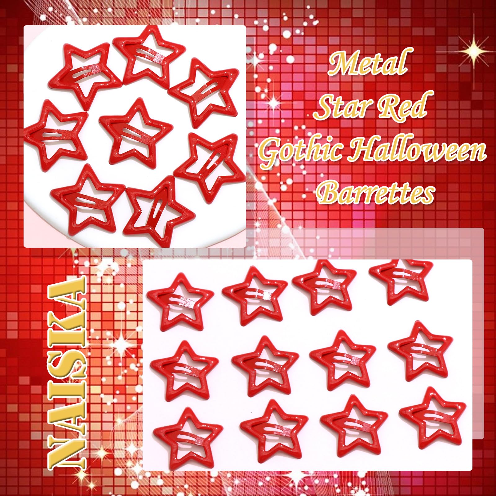Naiska 12Pcs Red Star Hair Clips Metal Non-Slip Snap Hair Clips And Barrettes Y2K Halloween Party Star Hair Accessories For Wome