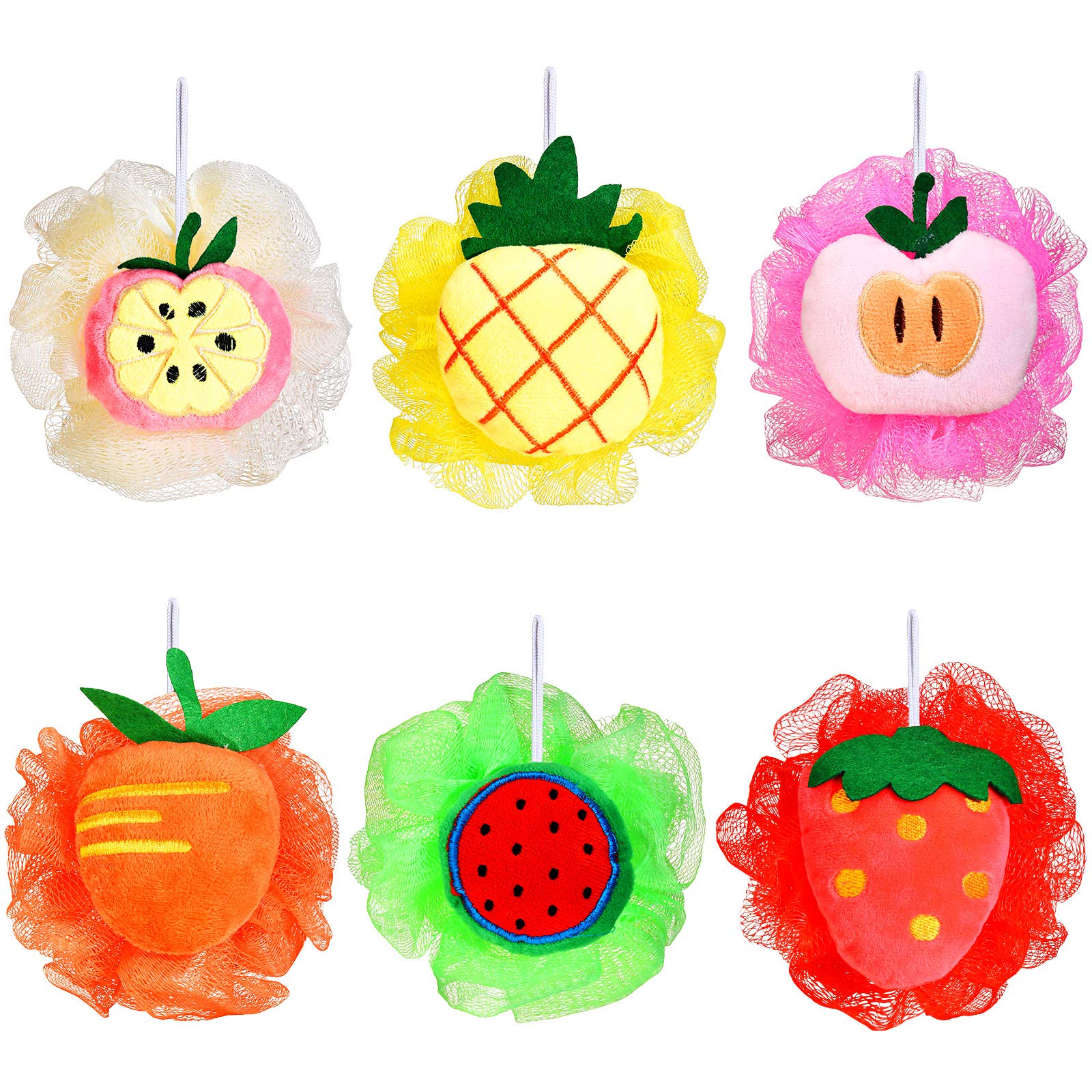 6 Pieces Cute Fruit Bath Shower Sponge Loofahs Mesh Pouf Shower Ball Colorful Cartoon Body Scrubber Balls Shower Mesh For Kids A