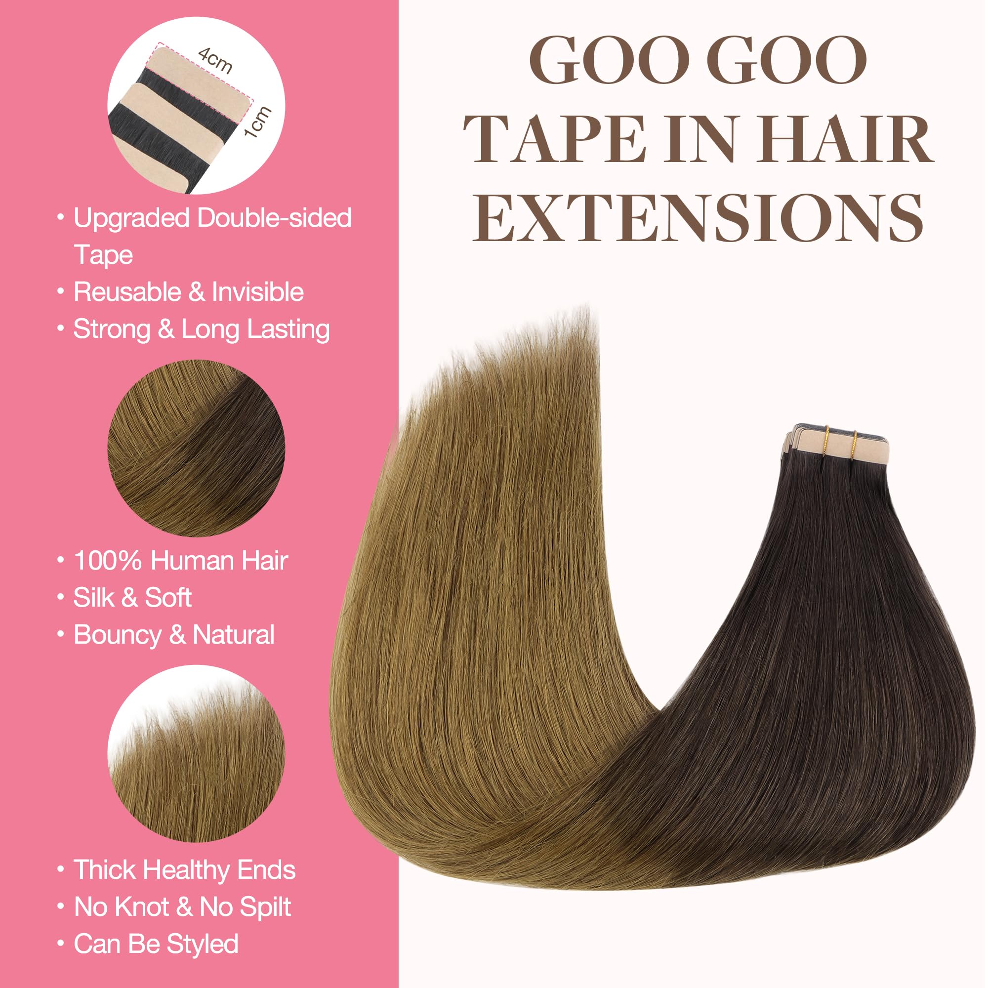Goo Goo Tape In Hair Extensions Human Hair, 1D/2C/4E Chocolate Dip Color Melt, 14Inch 100G 40Pcs, Thick Ends Straight Seamless T