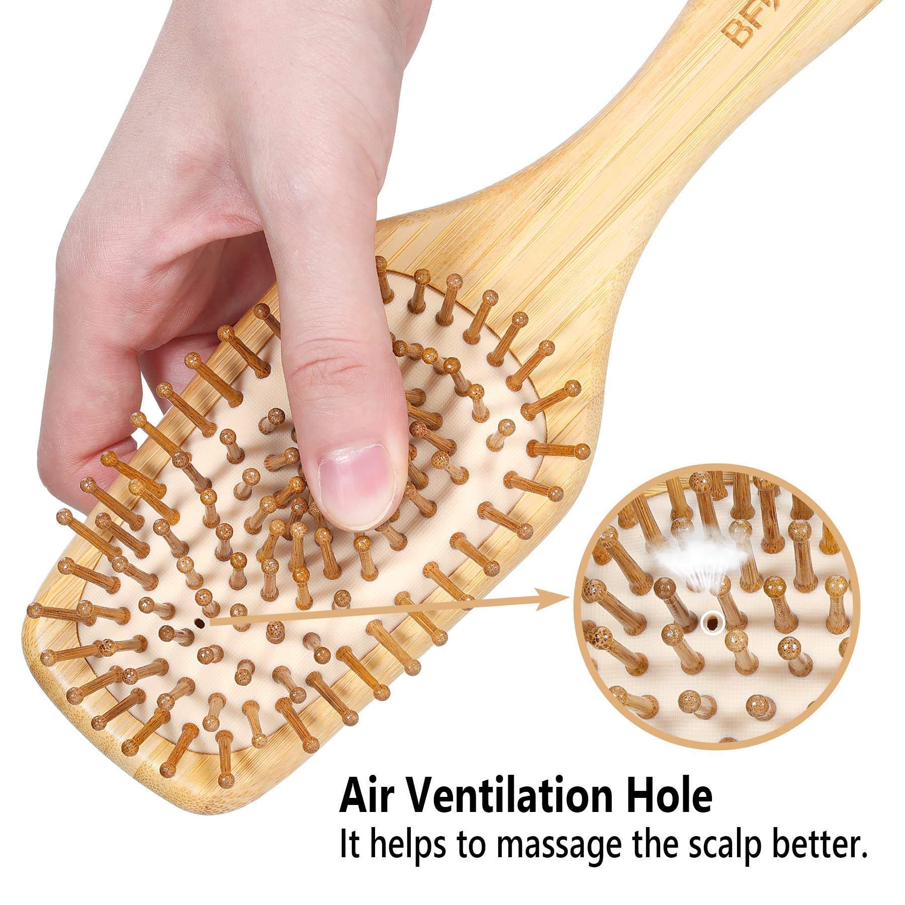 Bamboo Hair Brush With Paddle - Rounded Wood Bristles For Detangling And Gently Massaging Scalp By Bfwood, Reduces Frizz And Sta