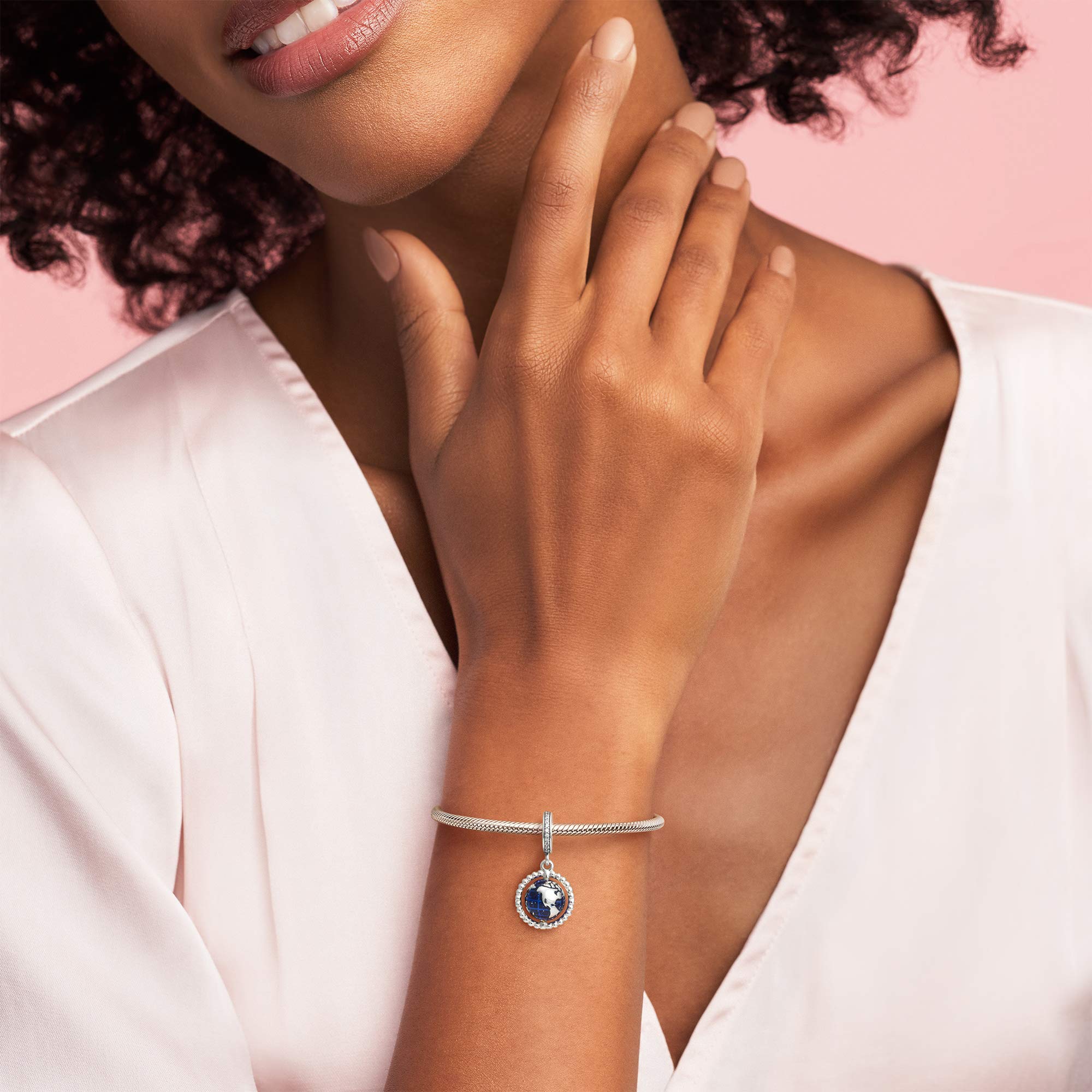 PANDORA Jewelry Spinning Globe Dangle Cubic Zirconia Charm in Sterling Silver, No Box