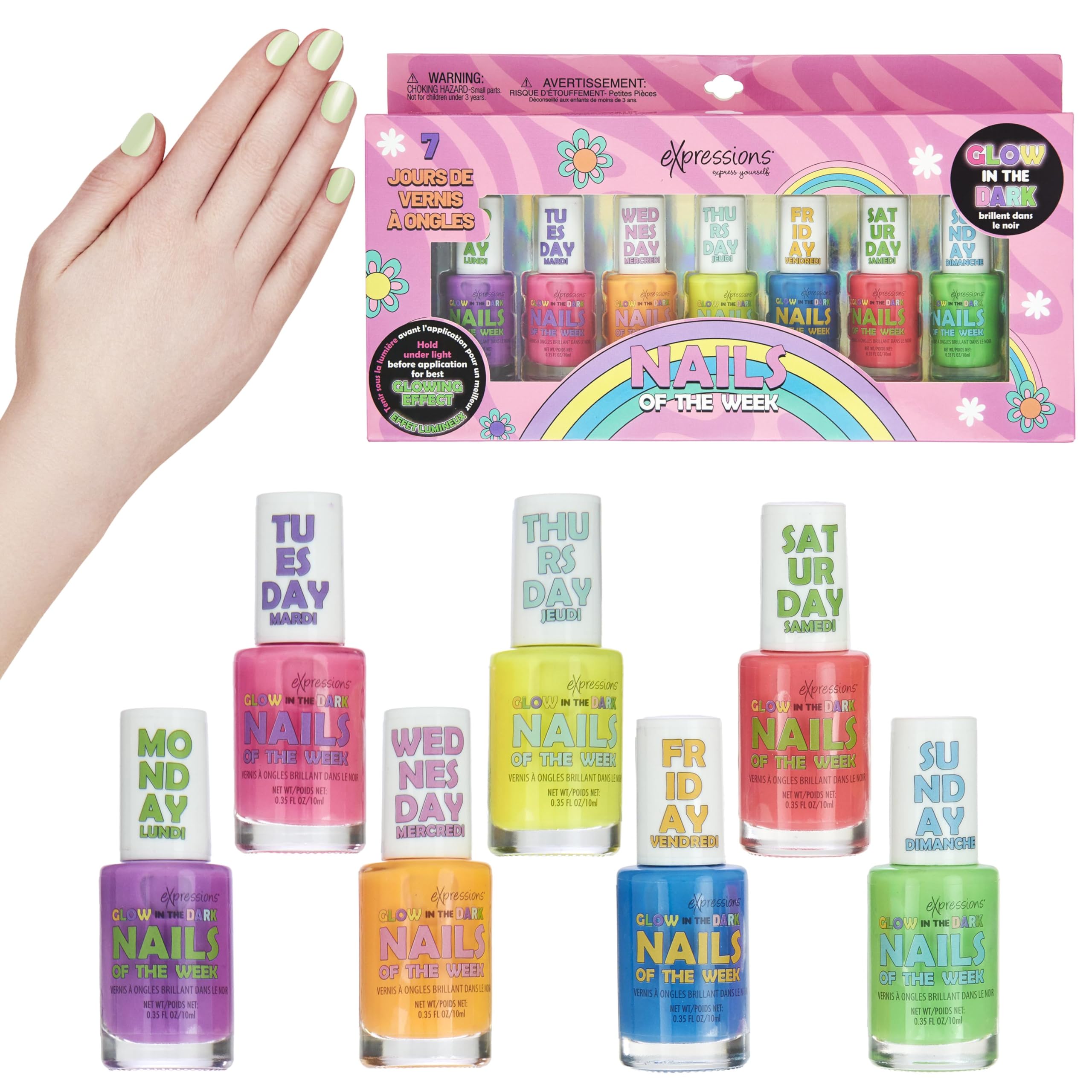 Expressions 7Pc Nails Of The Week Kit - Colorful Nail Polish Set For Girls - Assorted Glow In The Dark Nail Polishes, Water-Base
