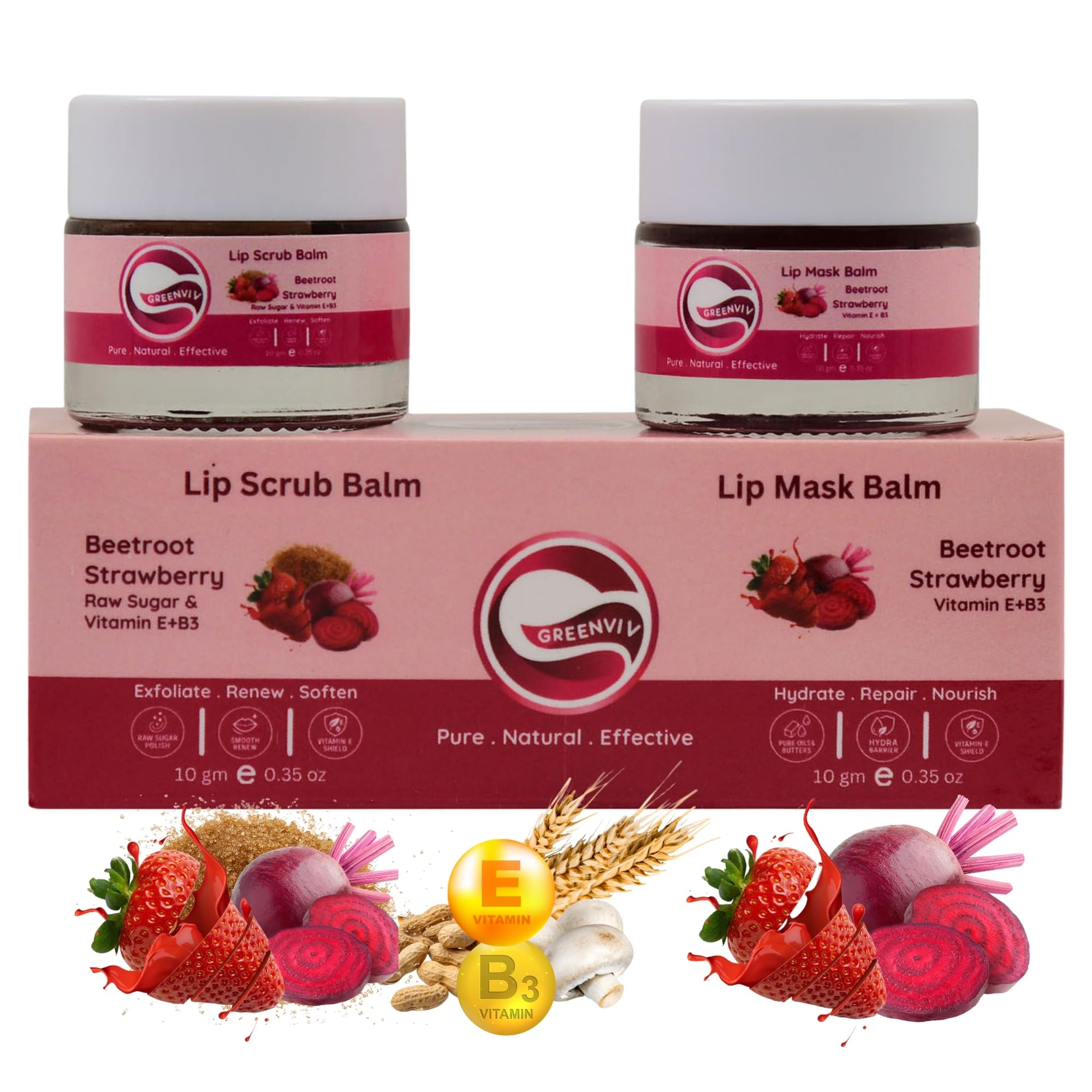 Greenviv Beetroot & Strawberry Lip Scrub + Lip Mask For Dark & Dry Lips, Exfoliates Dead Skin & Repairs Chapped Lips | 20 G, Pac
