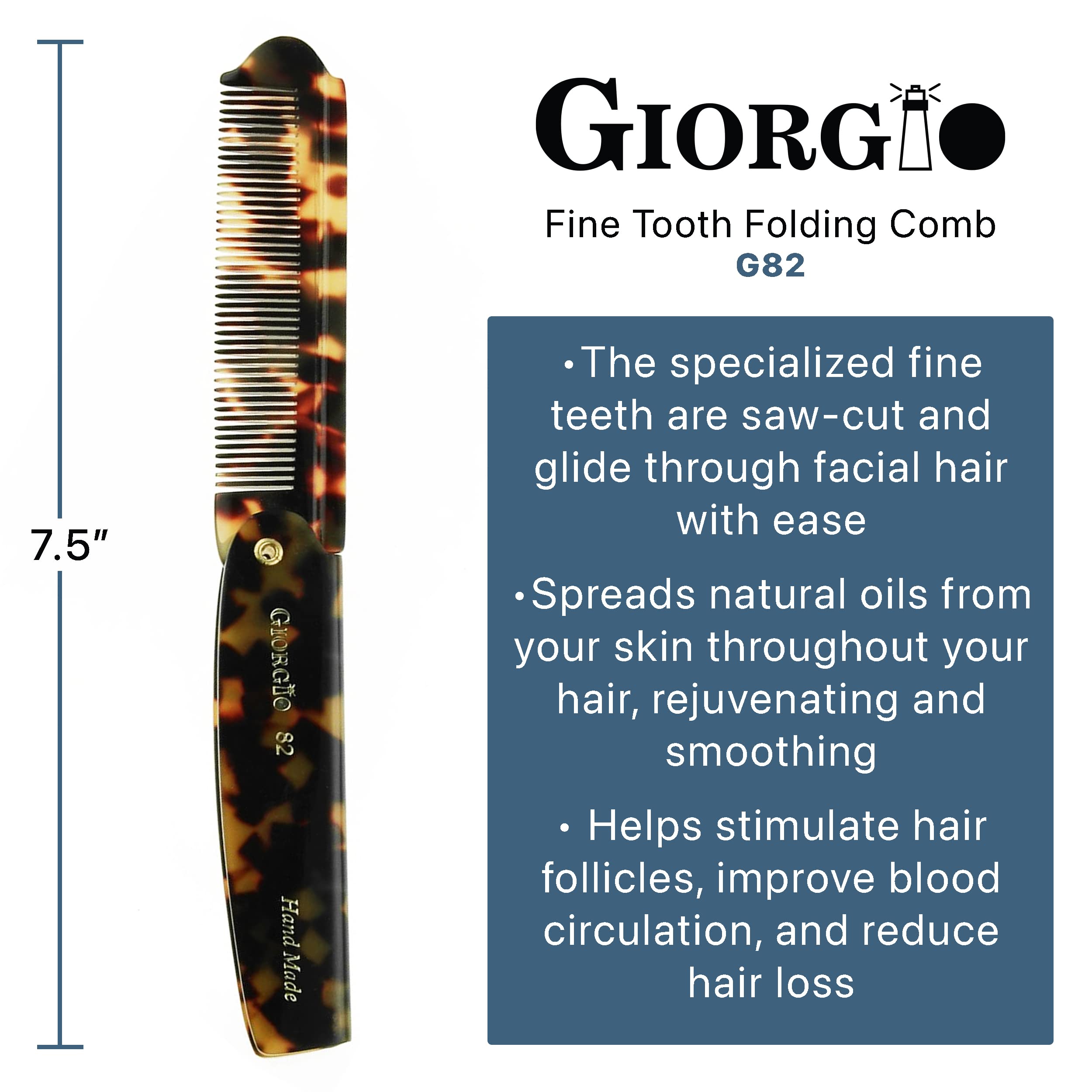 Giorgio G82 4 Inch Handmade Folding Pocket Comb For Men, Fine Tooth Hair Comb Straightener For Everyday Grooming Styling Hair, B