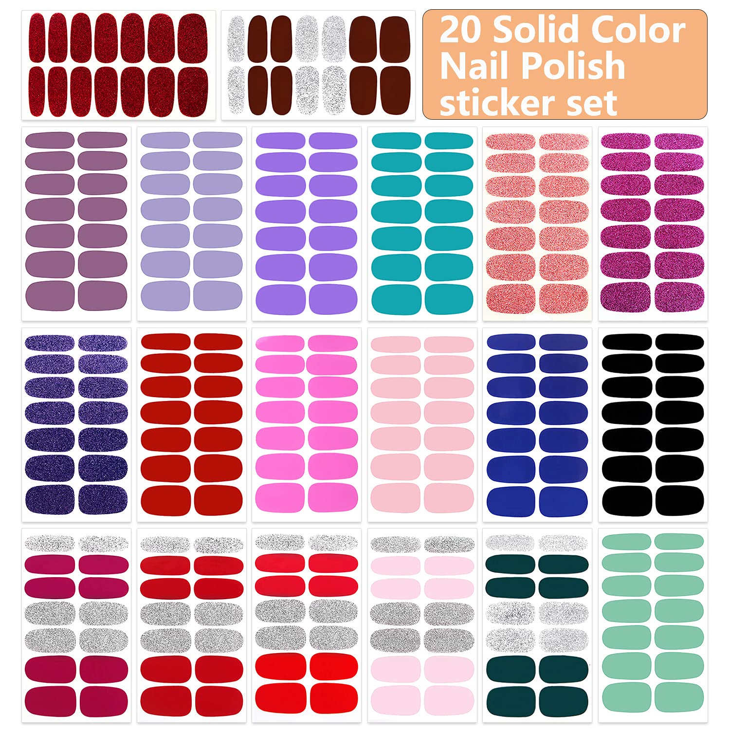 WOKOTO 20 Sheets Nail Polish Strips Set 10pcs Solid Color Nail Strips and 10pcs Glitter Solid Color Full Nail Wraps Real Nail Po