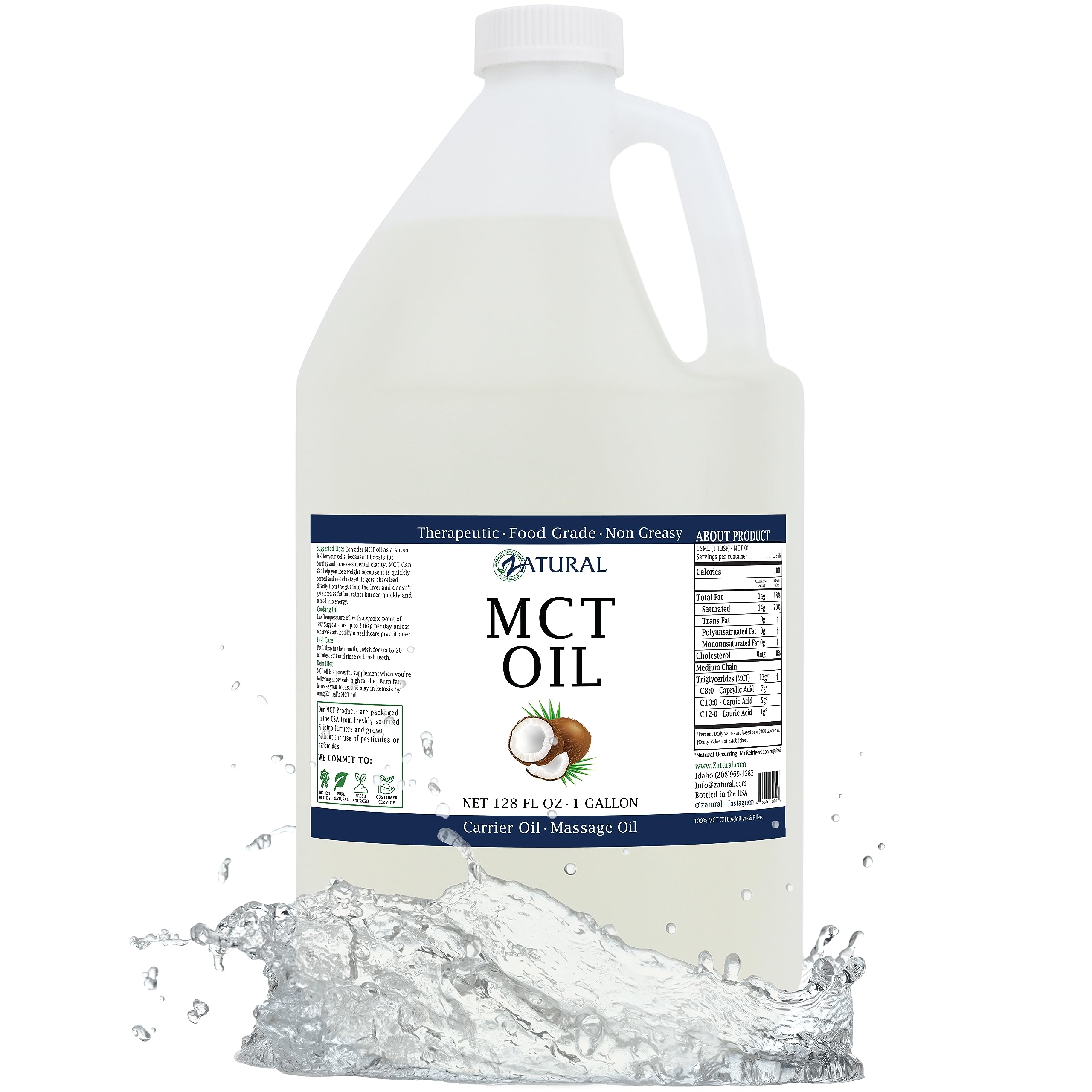 MCT Oil, Certified Food and Therapeutic Grade, Carrier Oil, Massage Oil, Hydrating Oil, Hair Oil, 0 Additives, Pure MCT Oil (128
